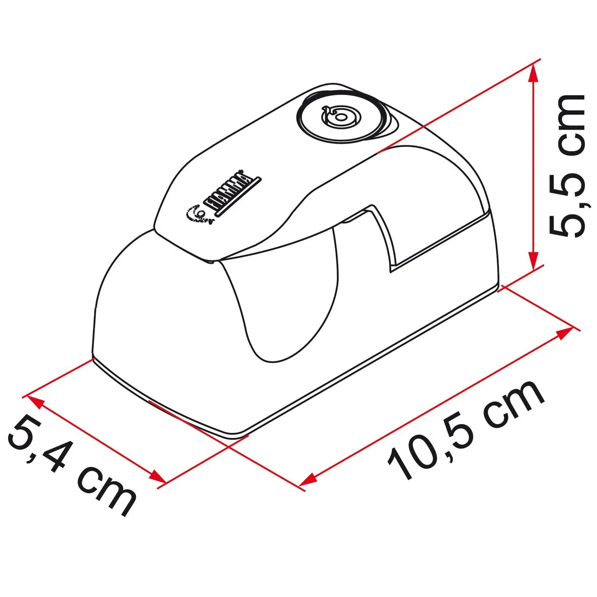 Sicherheitsschloss-Kit in schwarzer, abgerundeter Gehäuseform mit Schließzylinder und Maßangaben 10,5 × 5,4 × 5,5 cm