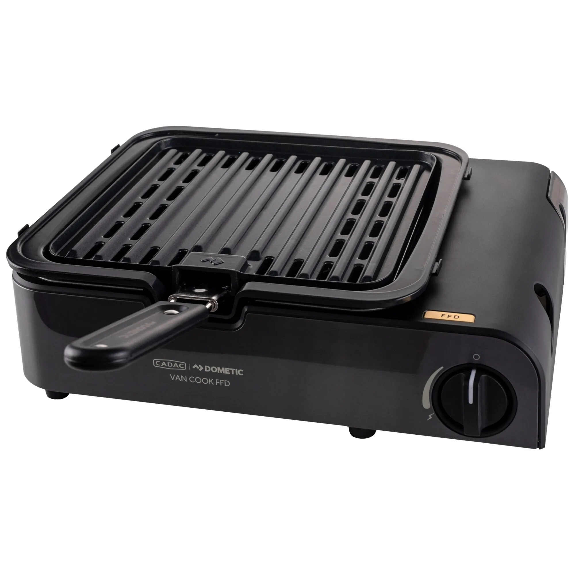 Schwarzer Campingkocher CADAC Dometic Van Cook FFD mit aufgesetzter Grillplatte, abnehmbarem Griff und Drehregler