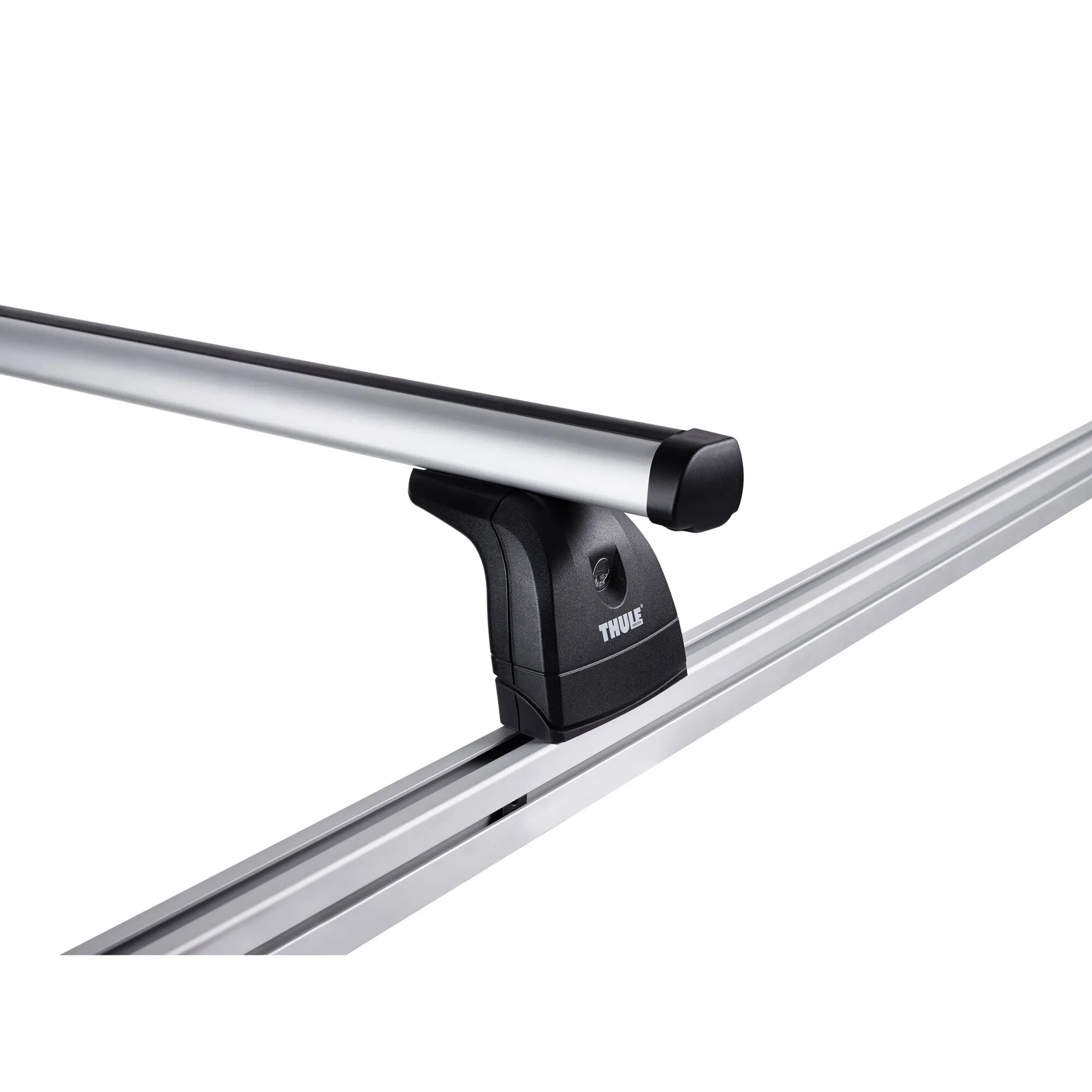 Thule Roof Rack Querträger aus Aluminium mit schwarzer Halterung und abschließbarer Abdeckung, Detailansicht des Dachträgersystems