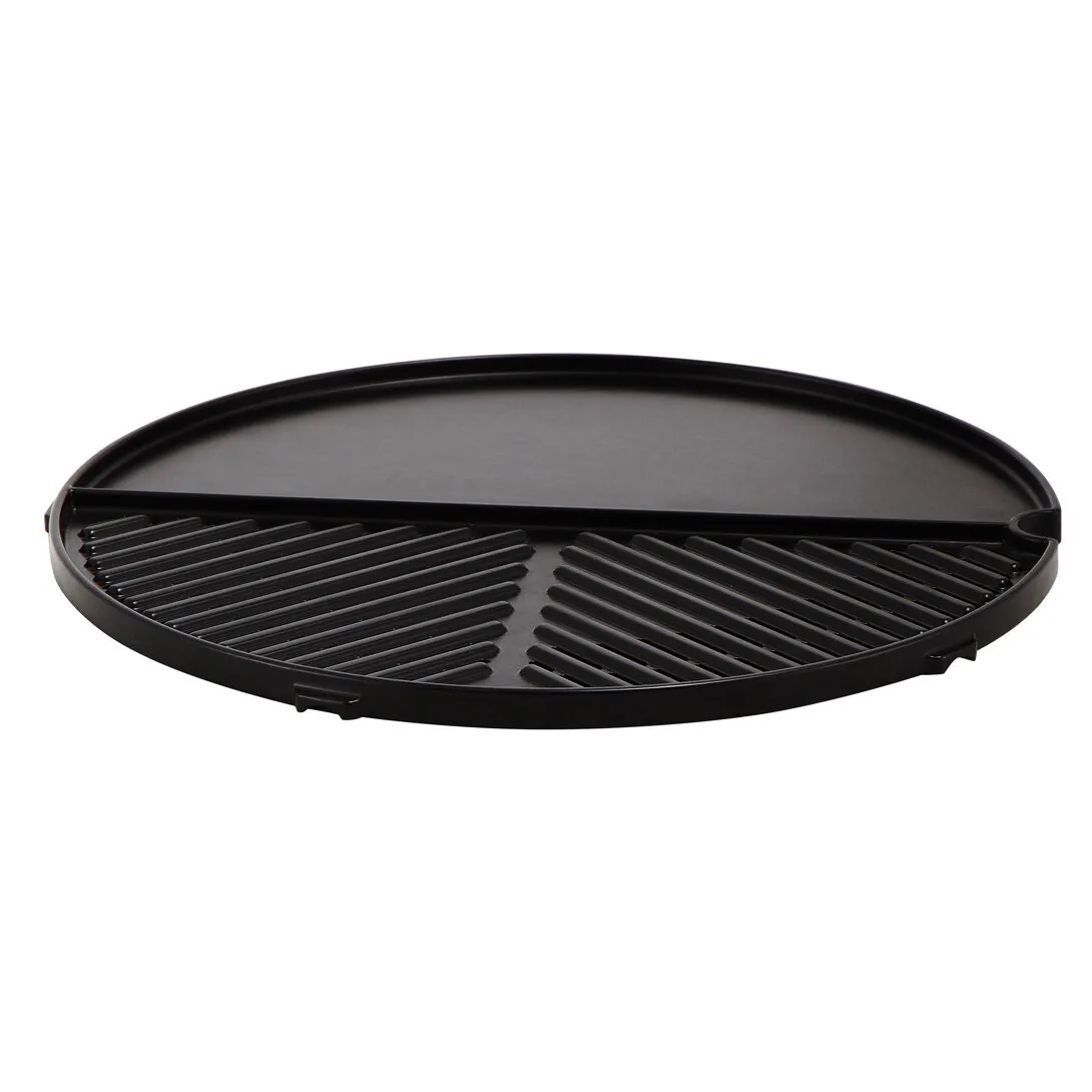 Schwarze runde Grillpfanne BBQ/Plancha 40 mit geriffelter Grillfläche und glatter flacher Bratfläche, Ansicht von oben vorne