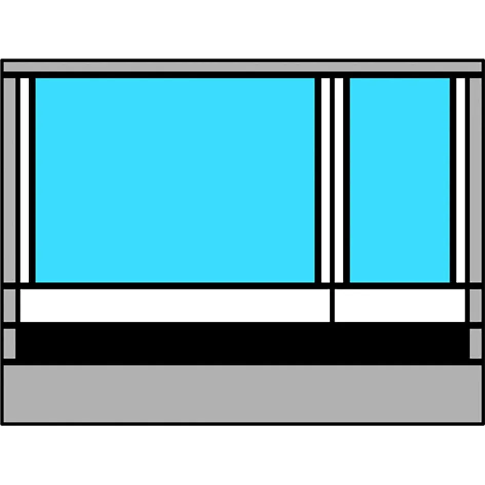 Schematische Vorderansicht des Thule Residence G3 Vorderteils mit grauem Rahmen, zwei türkisfarbenen Fensterflächen und schwarzem unteren Bereich