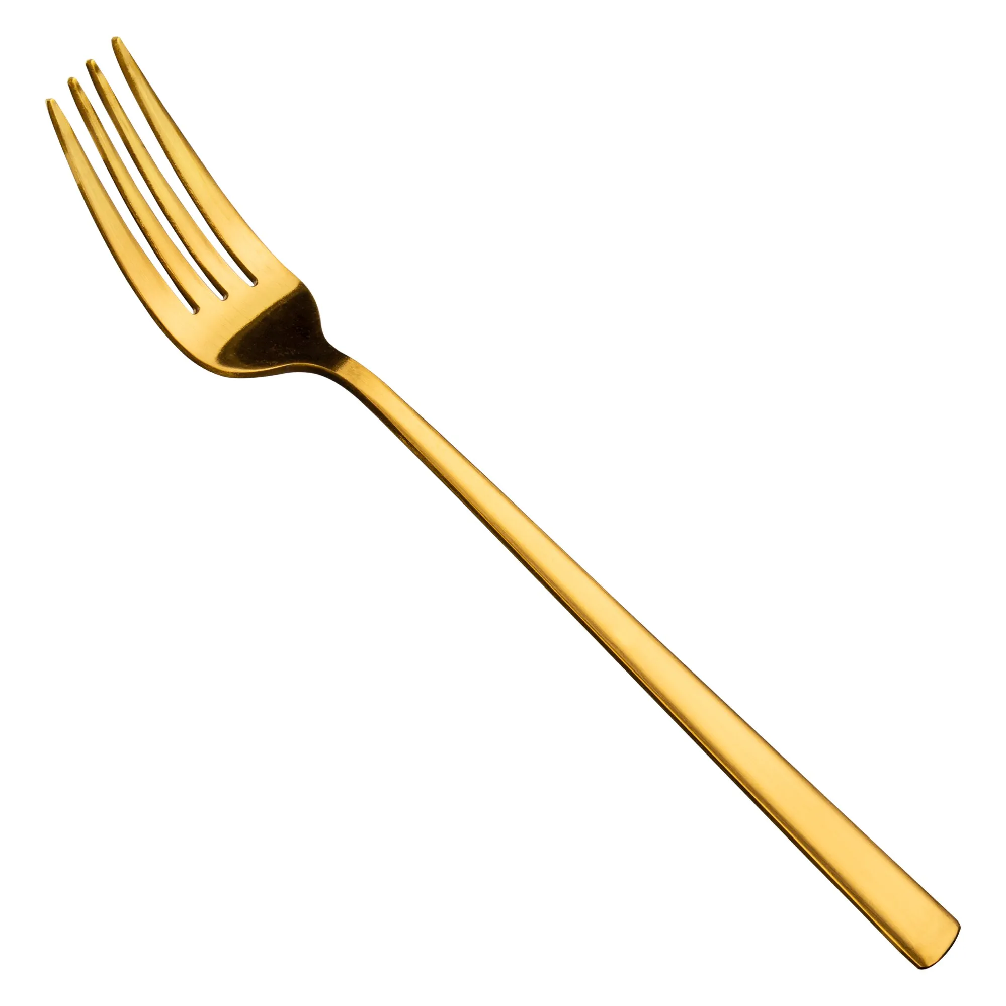 Goldene Gabel des Besteck-Sets Fairbanks in schräger Detailansicht mit vier Zinken und langem, schlichtem Griff
