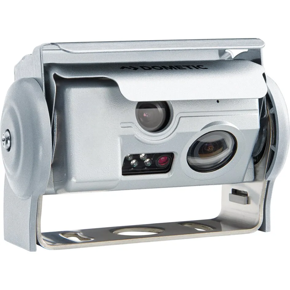 Silberne Dometic PerfectView CAM 44 NAV Farbdoppelkamera mit zwei Objektiven, LED-Leuchten und Schutzhalterung