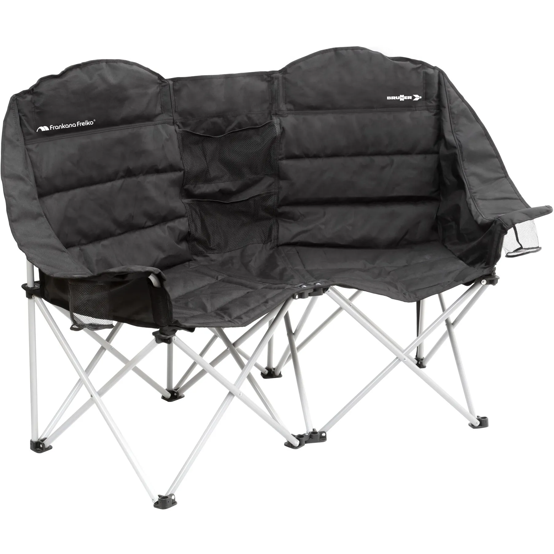Schwarzes faltbares Rendez-Vous-Sofa mit gepolsterter Rückenlehne, Netztaschen und silbernem Kreuzgestell für mehrere Personen