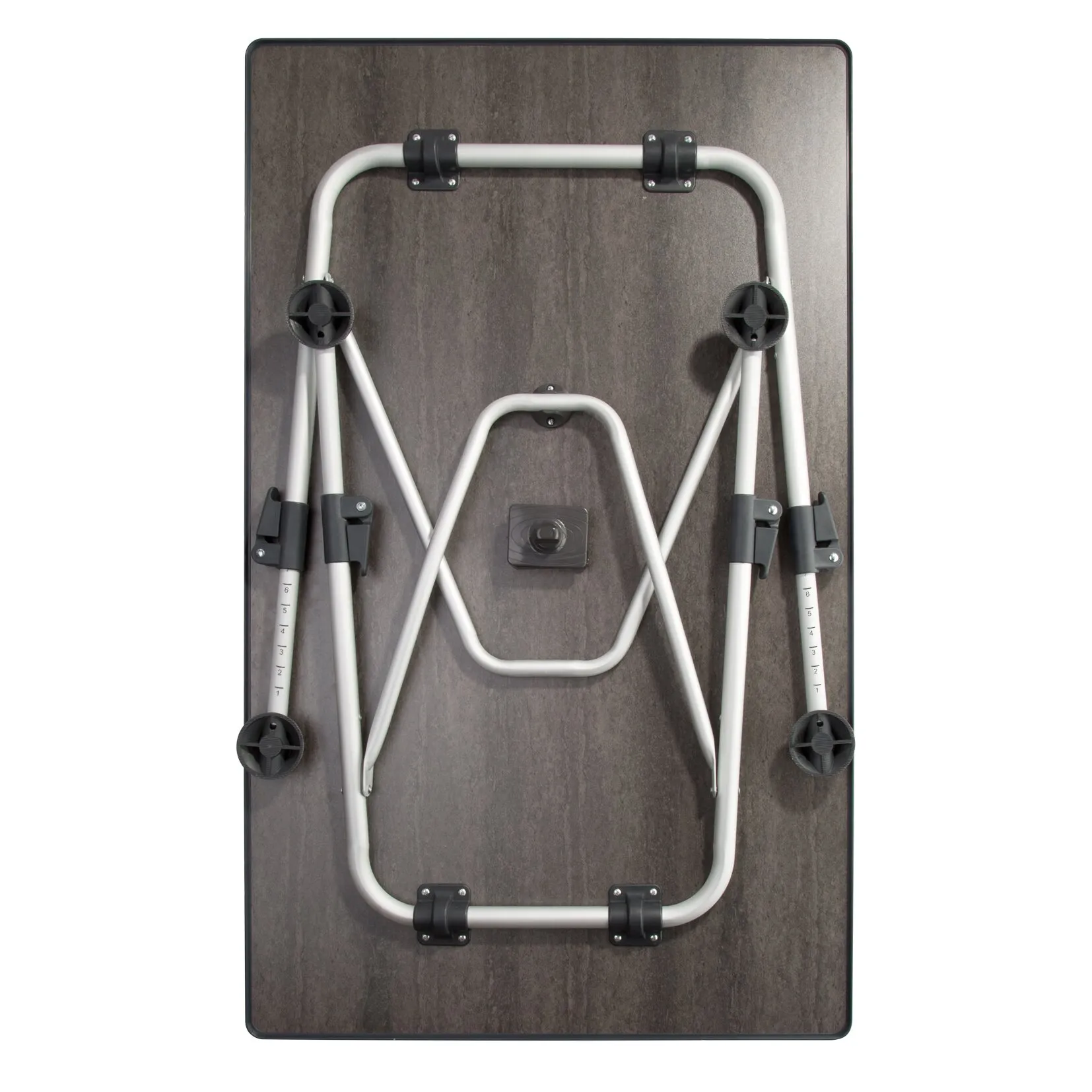 Campingtisch HighQ Blackline 115 cm, Unterseite mit dunkelgrauer Tischplatte, weißem Klappgestell und höhenverstellbaren Beinen