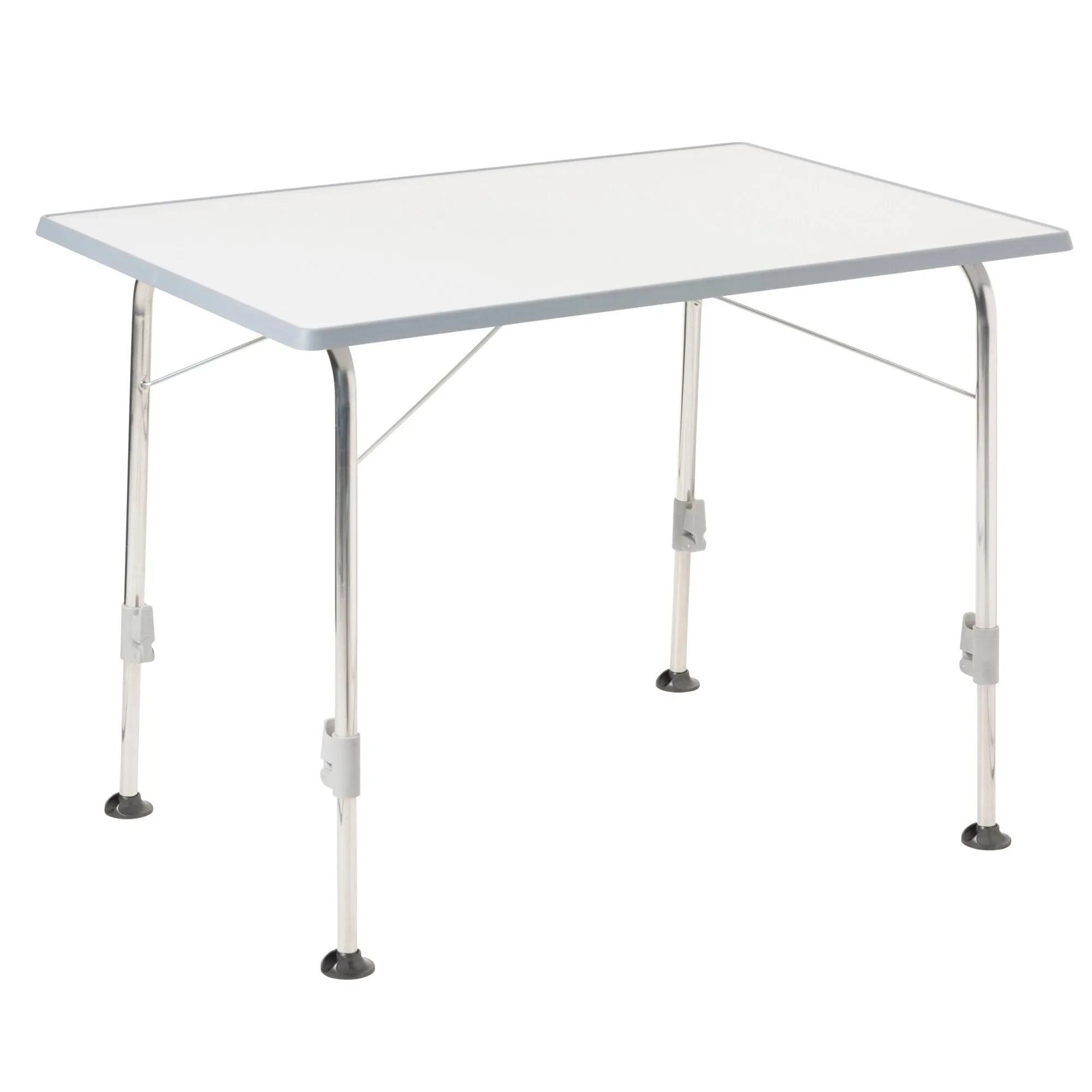 Heller grauer Campingtisch Stabilic 2 mit rechteckiger Tischplatte, vier verstellbaren Metallbeinen und Querstreben