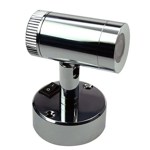 Chromfarbener LED-Miniaufbau-Spot LED1x1S22SD mit zylindrischem Leuchtenkopf, rundem Sockel und seitlichem Schalter