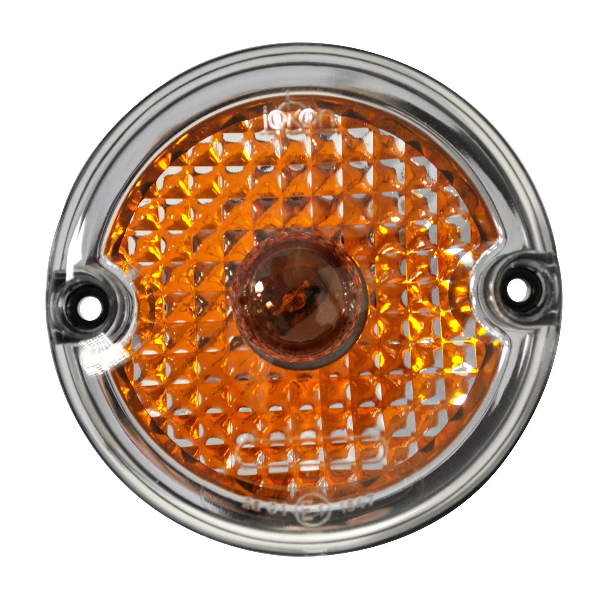 Klarer hinterer Blinker mit rundem Gehäuse, silbernem Rand, orangefarbener Streuscheibe und zwei Befestigungsöffnungen