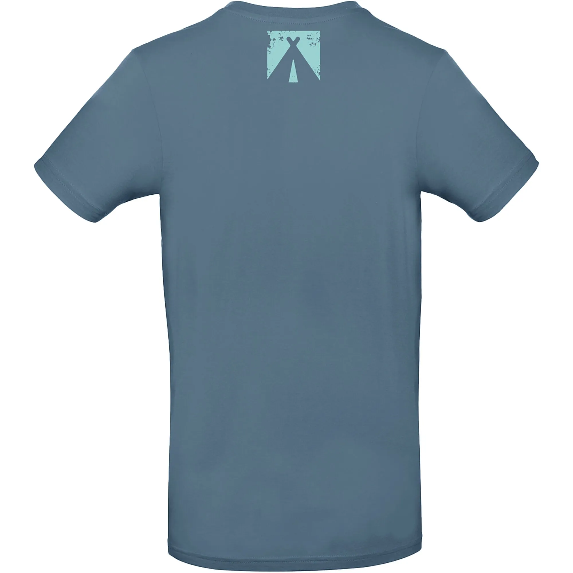 T-Shirt Vanlife 1 in Grau-Blau, Rückansicht mit Rundhalsausschnitt, kurzen Ärmeln und kleinem Campingzelt-Aufdruck am Nacken, Größe L