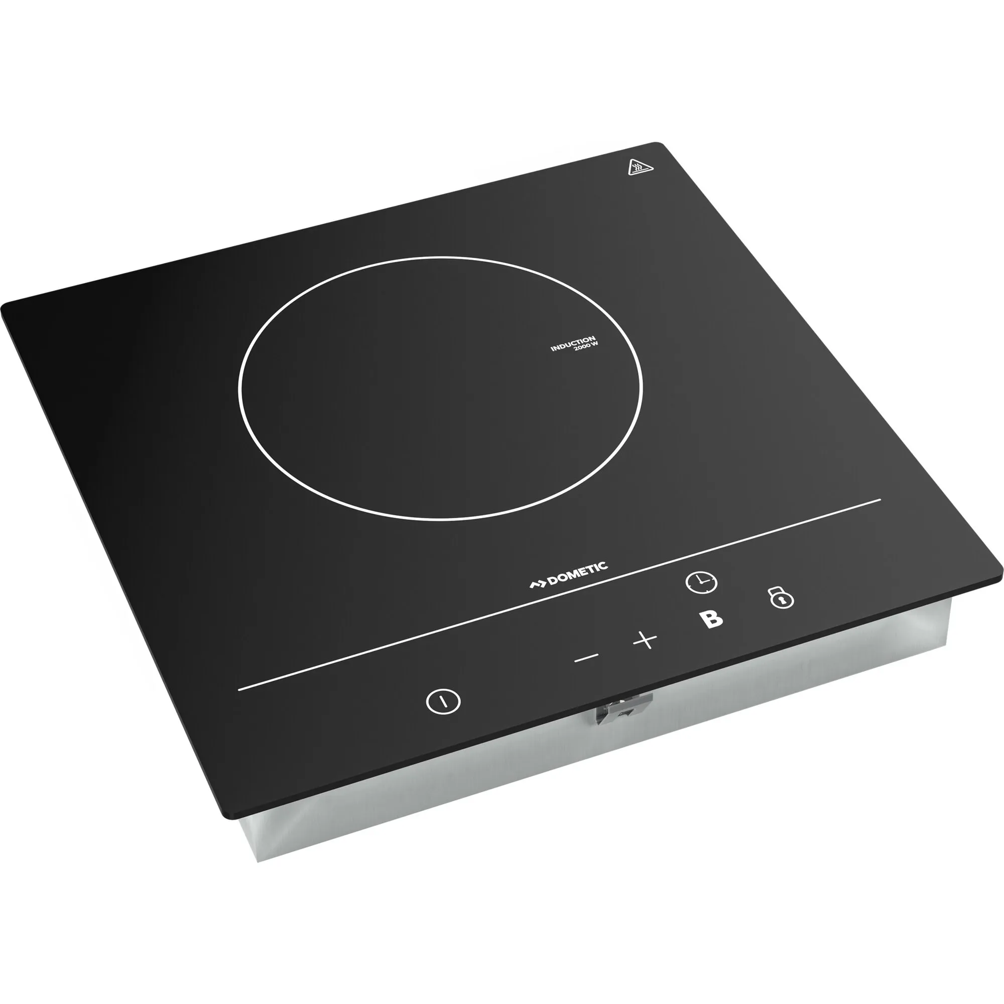 Schwarzes Dometic Induktionskochfeld CVI1350 mit einer Kochzone, Touch-Bedienfeld und Edelstahlgehäuse in schräger Ansicht