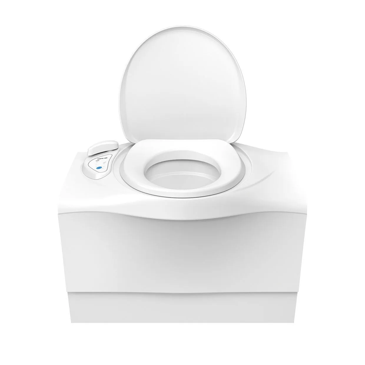 Weiße Cassettentoilette C403-L mit geöffnetem Deckel, ovalem Sitz und seitlich links angeordnetem Bedienfeld