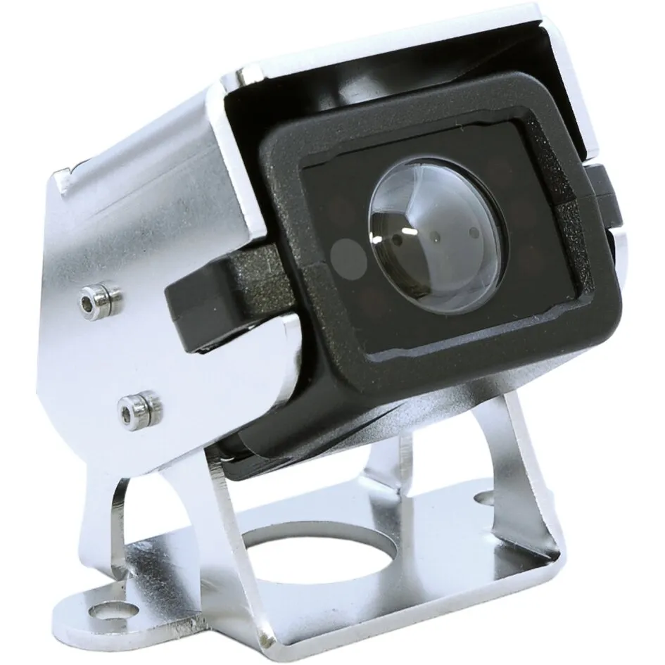 Schwarze Rückfahrkamera Camos Super View CM-200M HD mit silberner Metallhalterung und sichtbarer Kameralinse