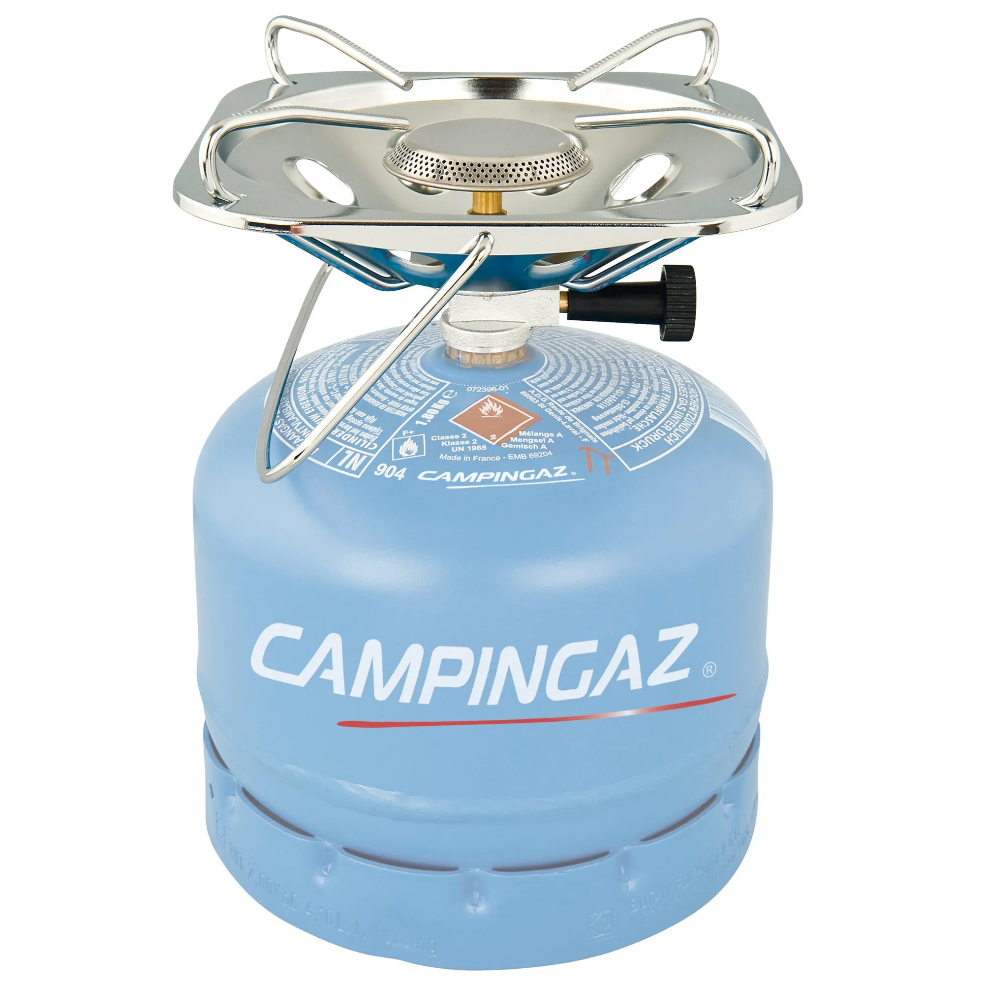 Campingaz Super Carena R Campingkocher aus Metall mit silbernem Topfträger und blauem Gasbehälter