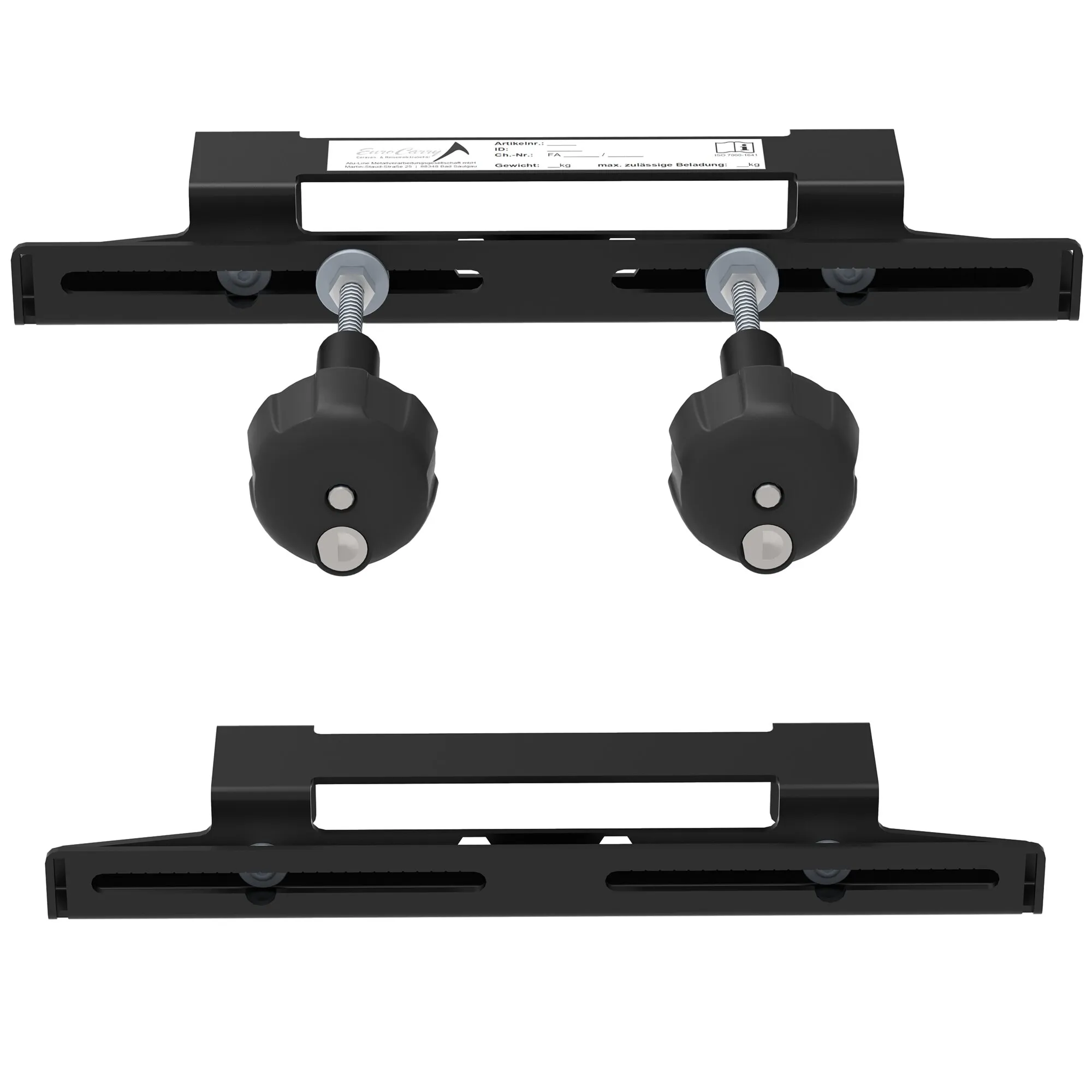Schwarze Bergeboardhalterung für X-Rack Board mit zwei verstellbaren Klemmknöpfen, in Vorder- und Unteransicht dargestellt