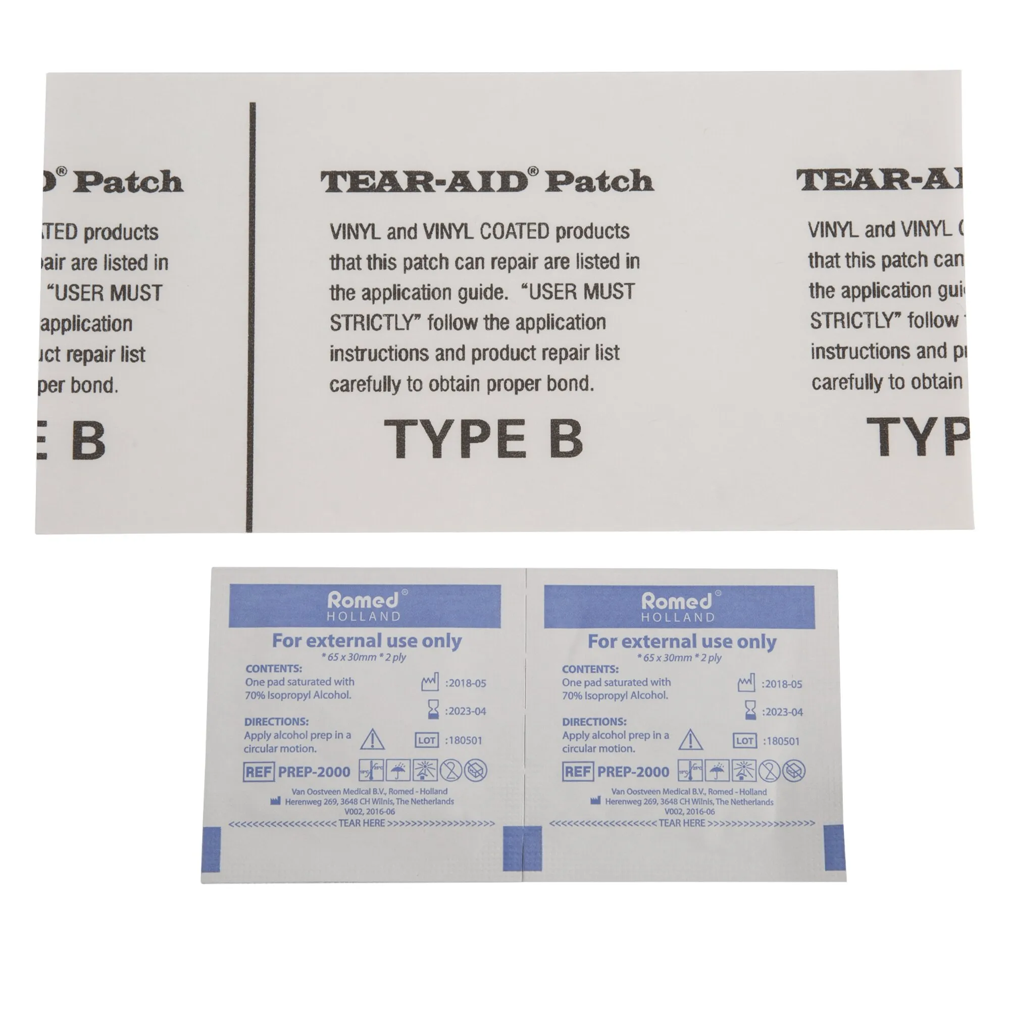 Tear-Aid Reparaturset Typ B mit Reparaturfolie für Vinyl und zwei mit 70 Prozent Isopropylalkohol getränkten Reinigungstüchern