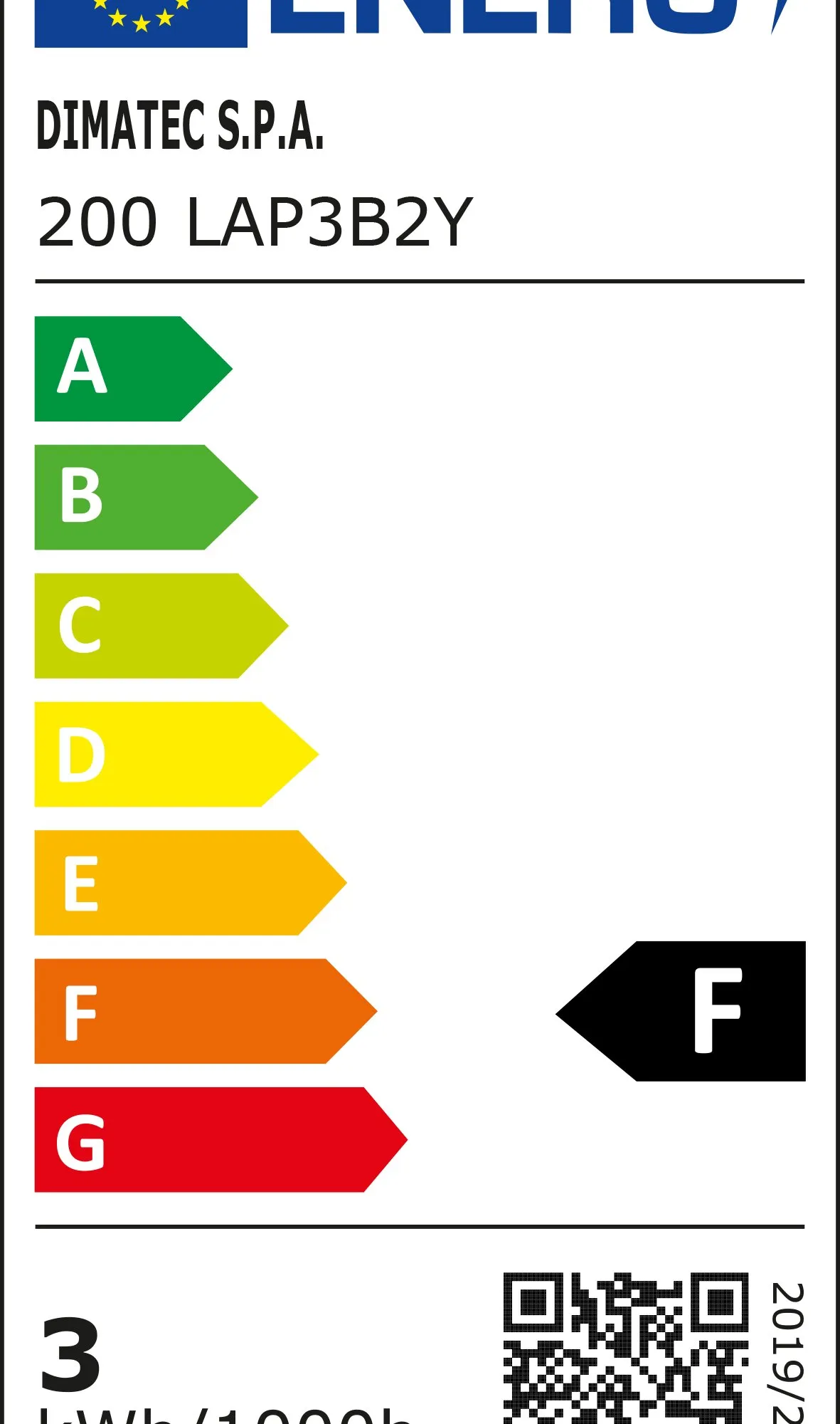 EU-Energieetikett der Vorzeltleuchte Luna LED von Dimatec, Modell 200 LAP3B2Y, Energieeffizienzklasse F, 3 kWh/1000 h
