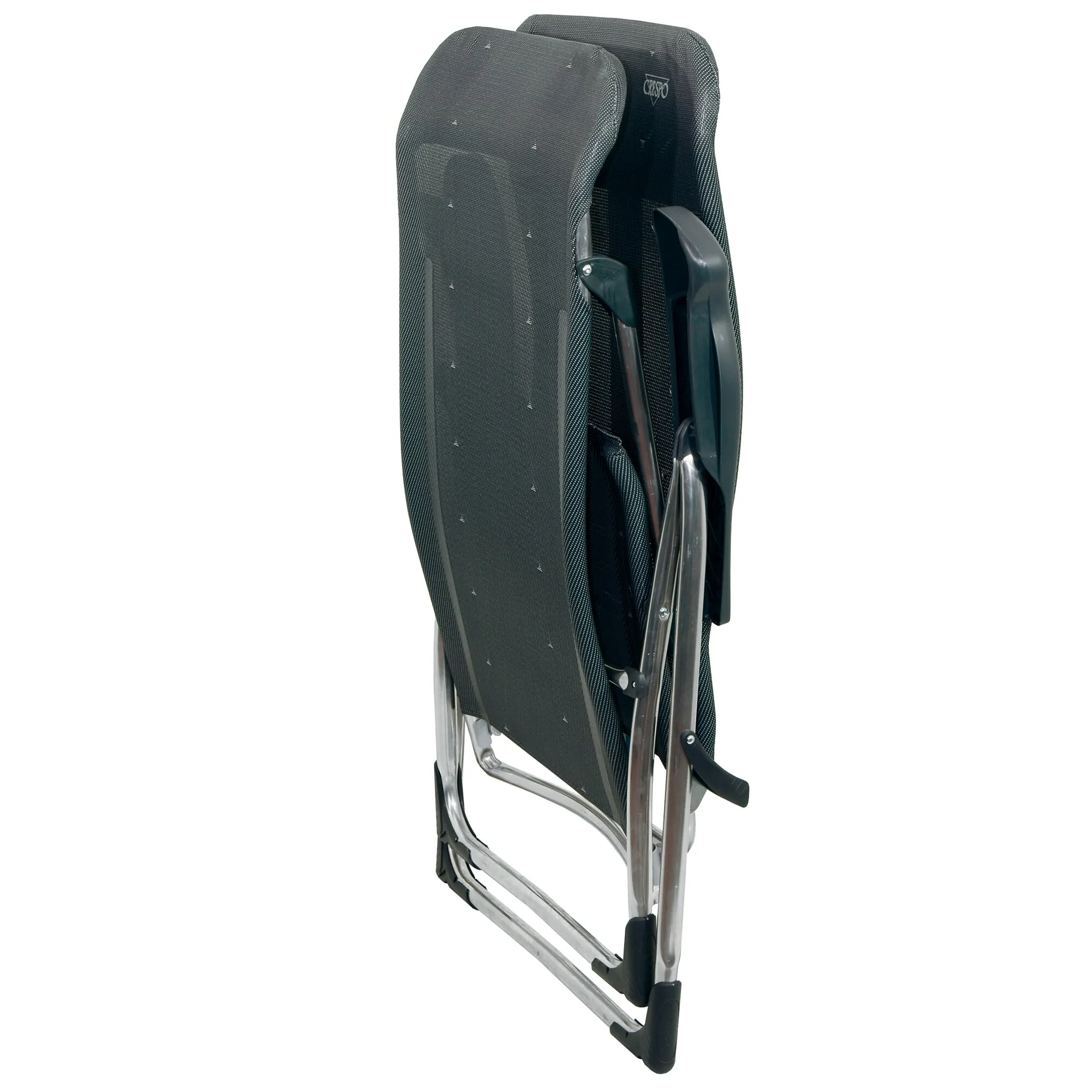 Zusammengeklappte schwarze Fußauflage R/215-M Classic mit gepolsterter Auflage und verchromtem Metallgestell in Seitenansicht