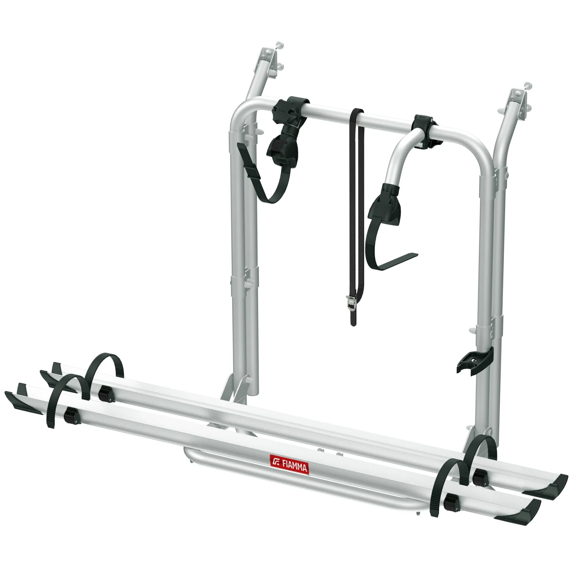 Silberner Fiamma Carry-Bike 200 D Fahrradträger mit zwei Schienen, Haltebügeln und schwarzen BefestigungsriemenWinvalid
