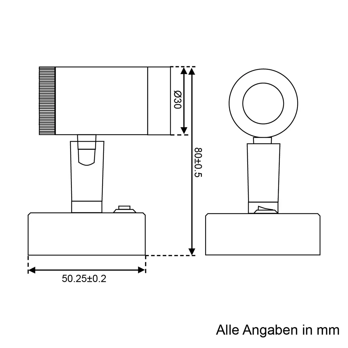 Technische Maßzeichnung des Miniaufbau-Spots LED1x1S22SD in Seiten- und Vorderansicht mit Maßen in Millimetern: Ø30, Höhe 80 und Breite 50,25±0,2、】【