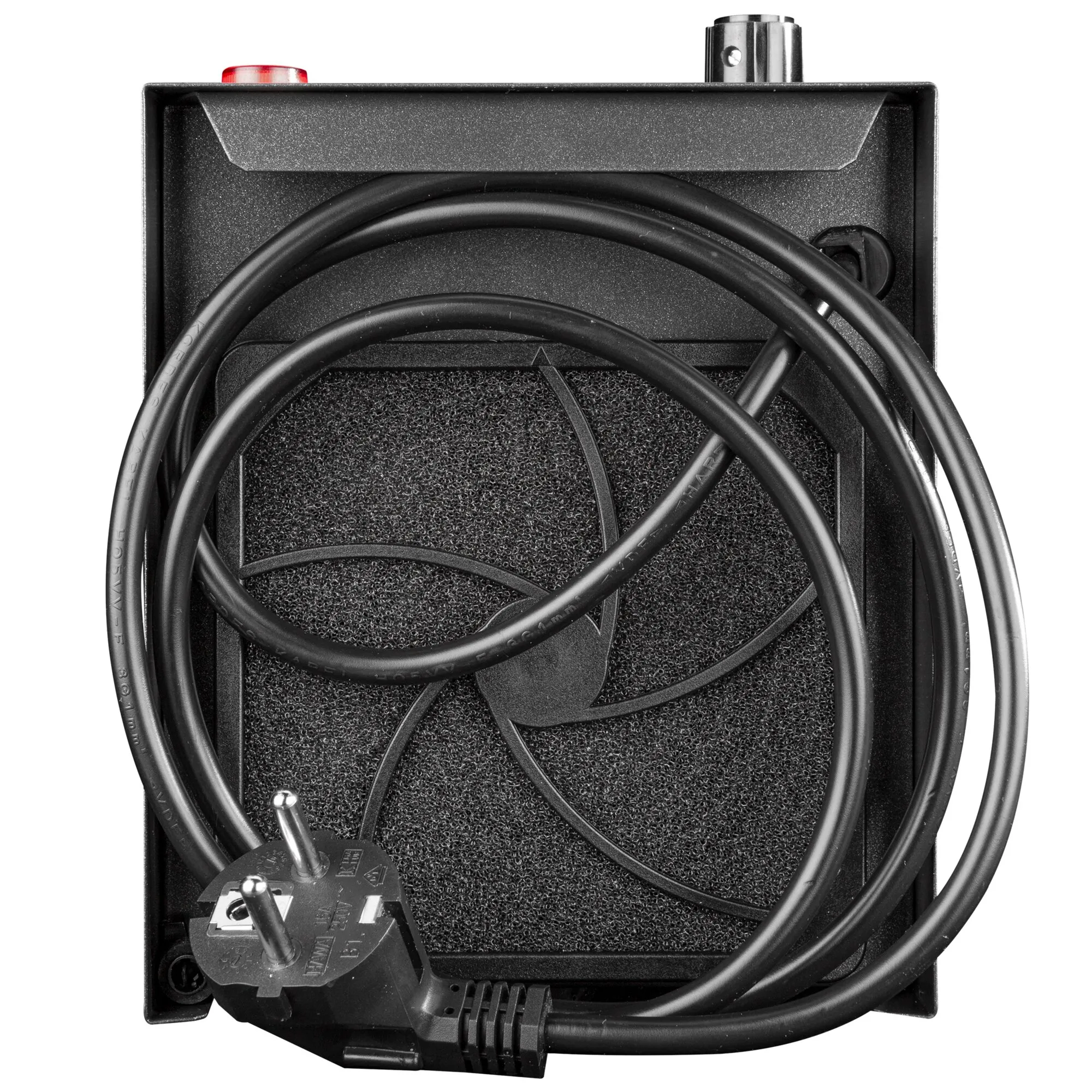 Rückansicht des schwarzen Heizgeräts Ecomat 2000 Classic Plus mit Lüftungsgitter, Netzkabel und Schuko-Stecker