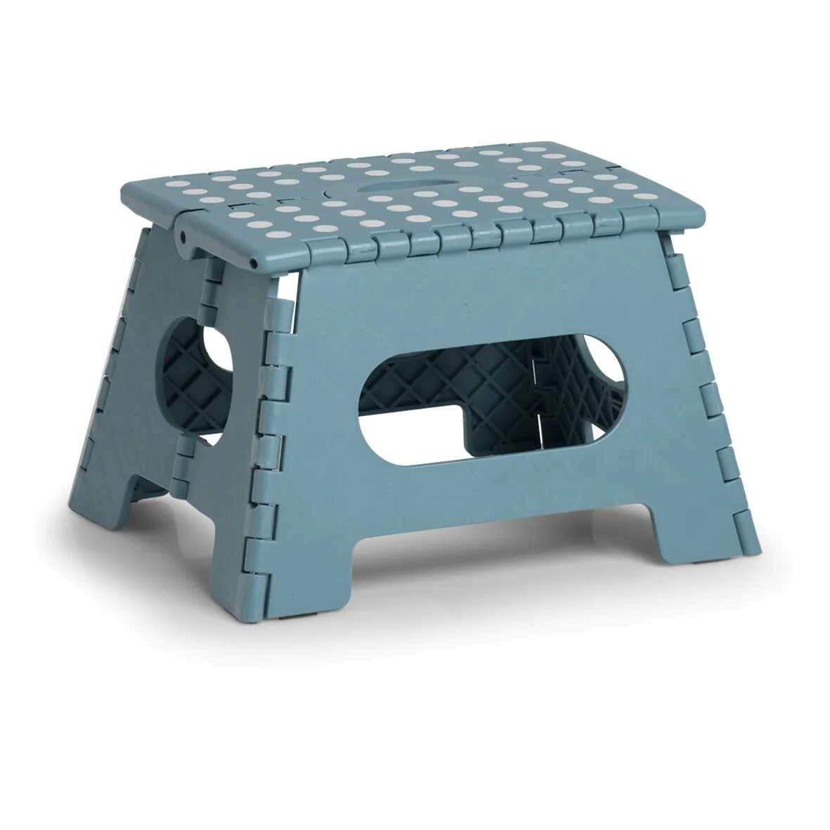 Blaugrauer klappbarer Kunststoffhocker Color, 22 cm hoch, mit weiß gepunkteter Sitzfläche und seitlichen Trageöffnungen