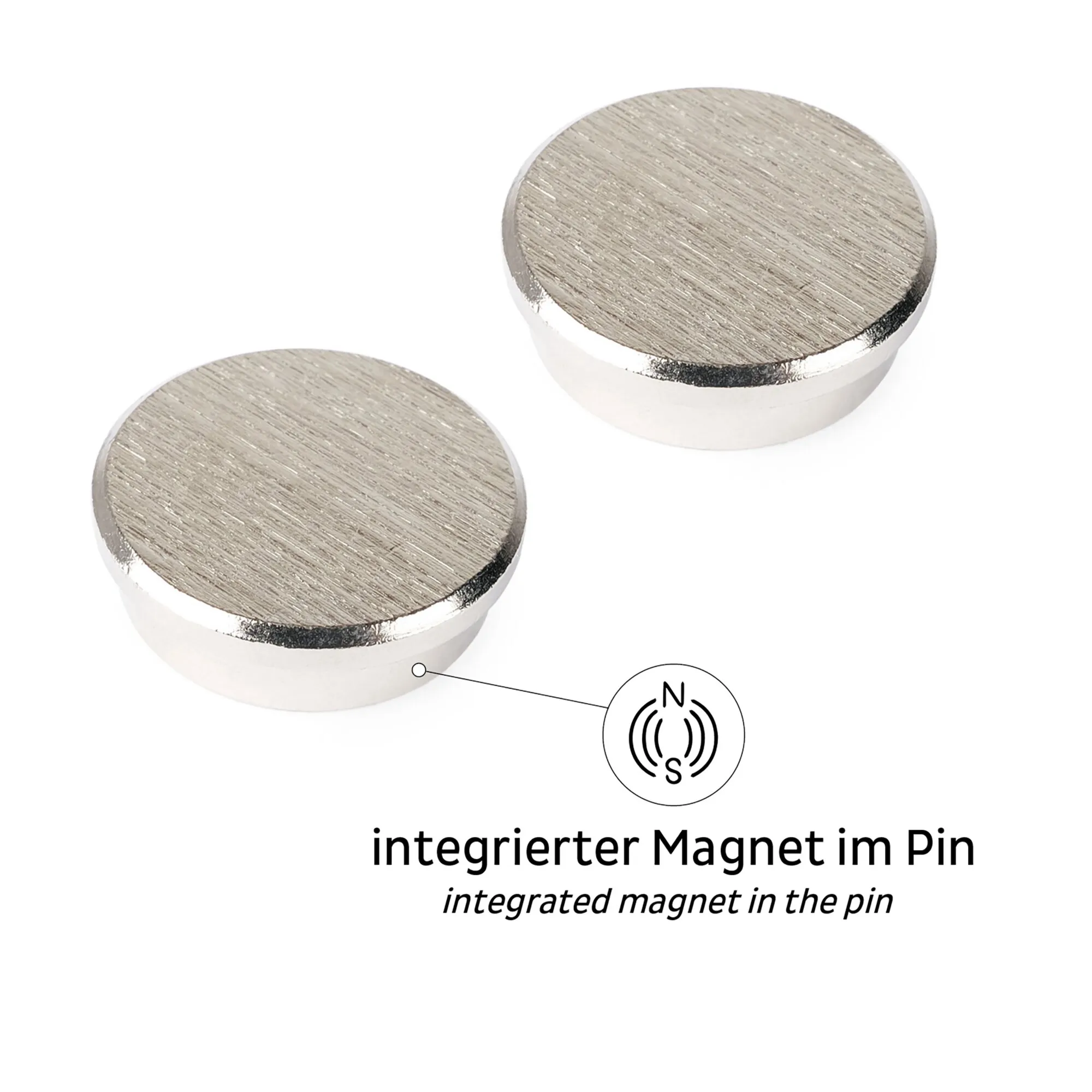 Zwei runde silberfarbene Magnet-Pins SMART mit integriertem Magneten, dargestellt in Draufsicht und Seitenansicht