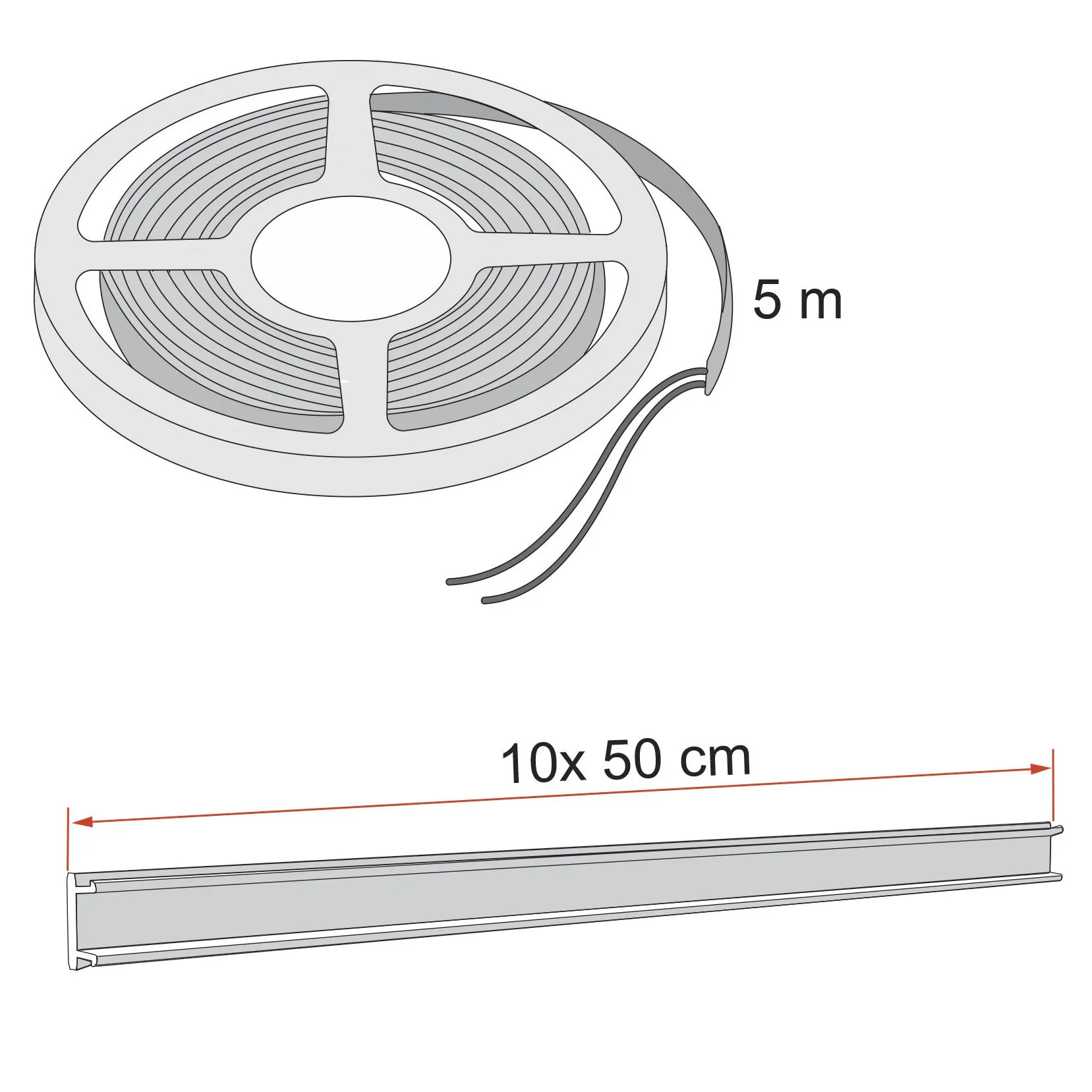 Markisenbeleuchtung Kit Strip Awning F80 mit aufgewickeltem 5-m-Beleuchtungsstreifen und Profilen, Maßangabe 10 × 50 cm