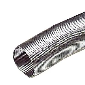 Flexibles silberfarbenes Abgasrohr AA 3 mit geriffelter Metalloberfläche und offenem Rohrende in Nahaufnahme, 25 m lang