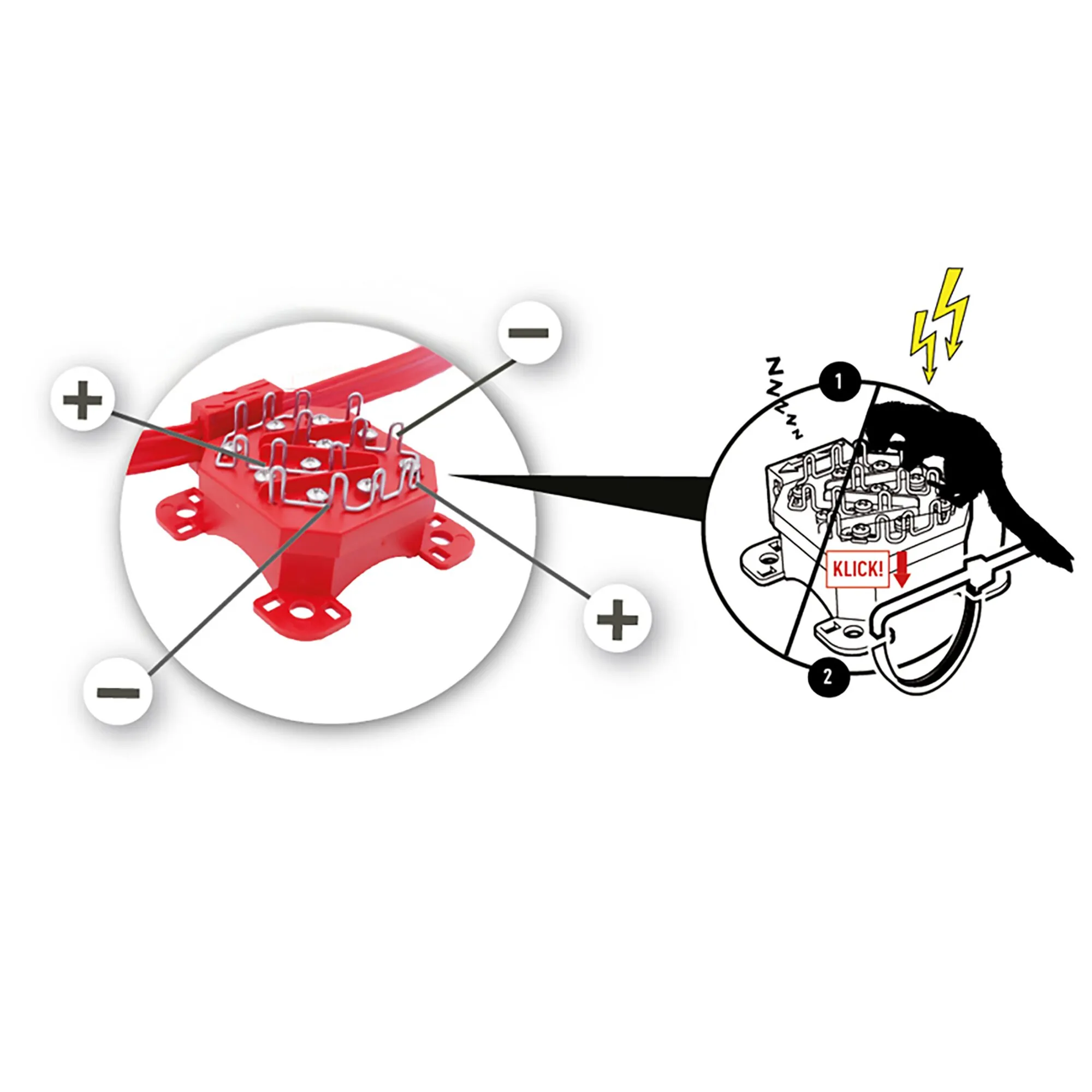 Rotes Marderabwehr-Hochspannungsgerät M9900 mit Plus- und Minus-Kontakten sowie schematischer Anwendung am Marder

