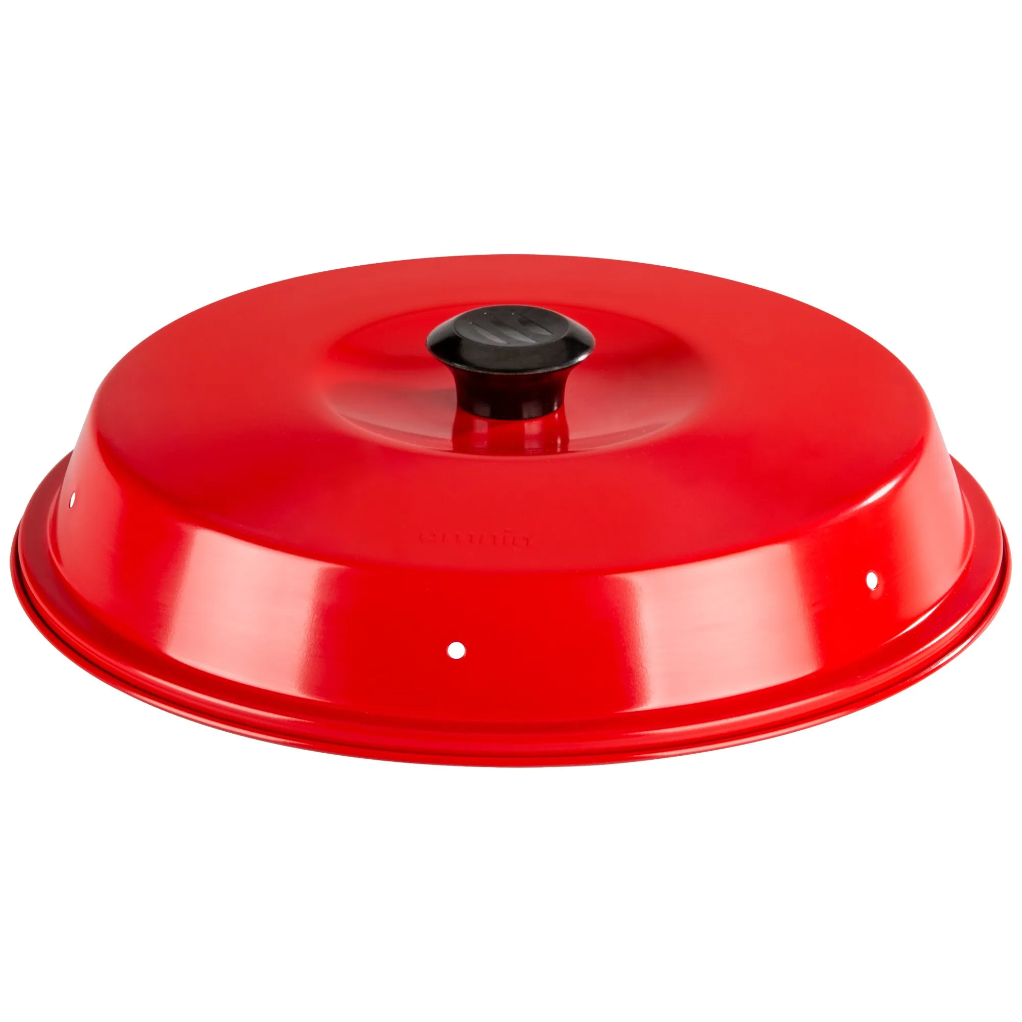 Roter Backofen Classic mit gewölbtem Deckel, schwarzem Knauf und mehreren seitlichen Lüftungsöffnungen vor weißem Hintergrund