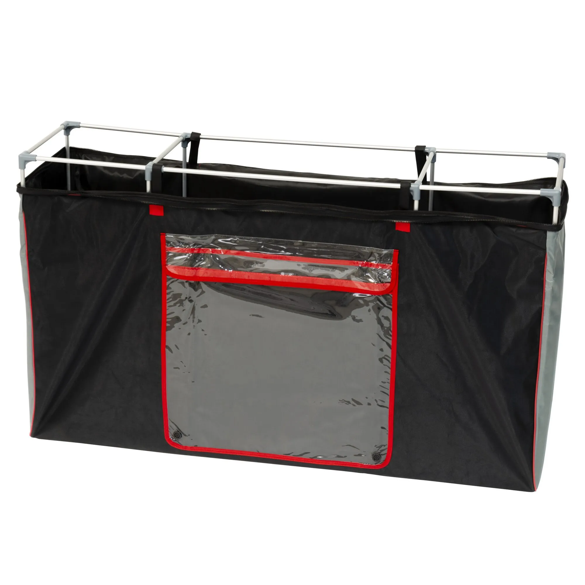 Schwarze rechteckige Cargo-Tasche mit silbernem Rahmen, roten Details und transparenter Fronttasche am Kit Frame Cargo Back