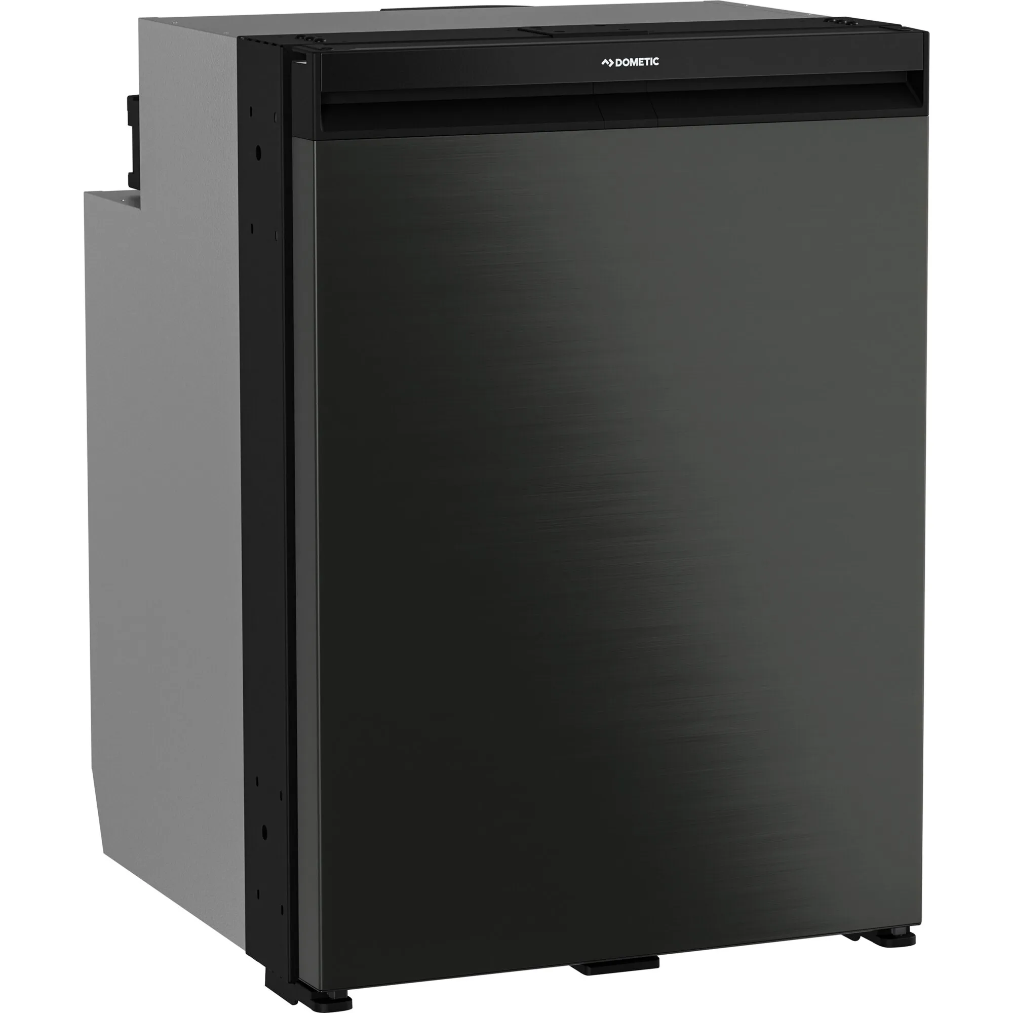 Schwarzer Dometic CoolMatic NRX 115C Kompressorkühlschrank mit geschlossener Tür in schräger Vorderansicht, 107 l