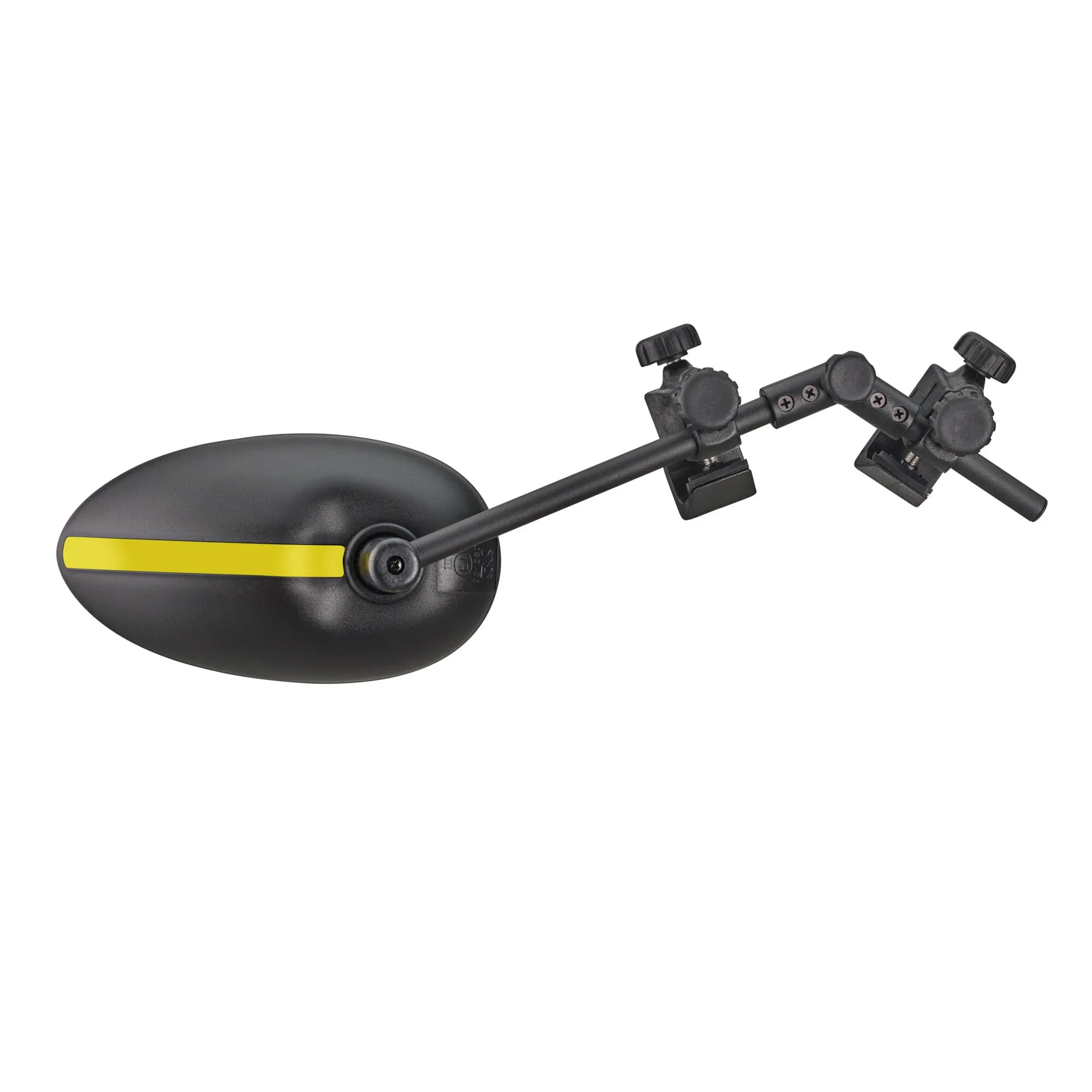 Schwarzer Caravanspiegel Speed Fix Mirror mit ovalem Spiegel, gelbem Streifen und verstellbarer Klemmhalterung