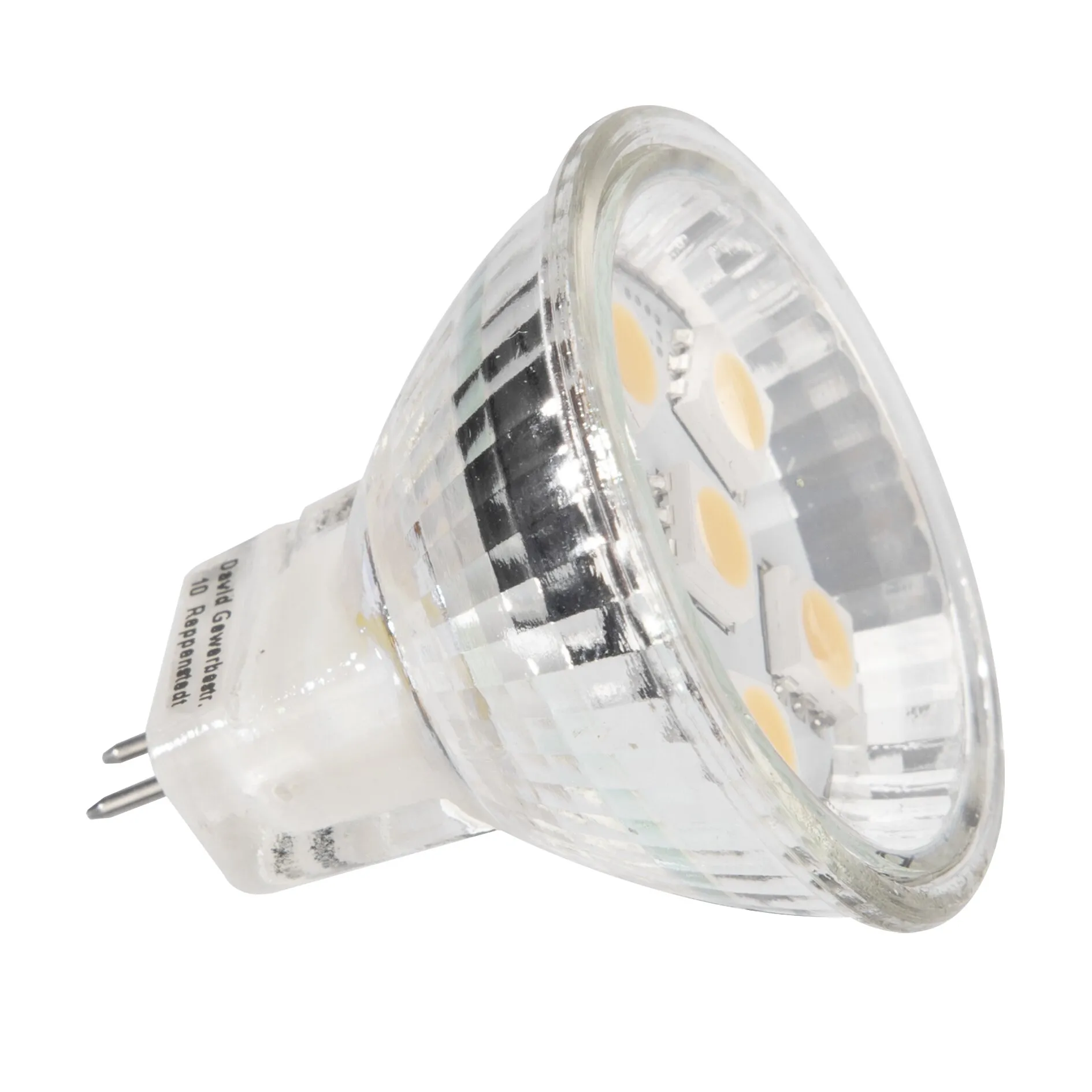 Transparentes LED-Leuchtmittel GU4 mit zwei Metallstiften und mehreren sichtbaren gelben LED-Chips, 1 W