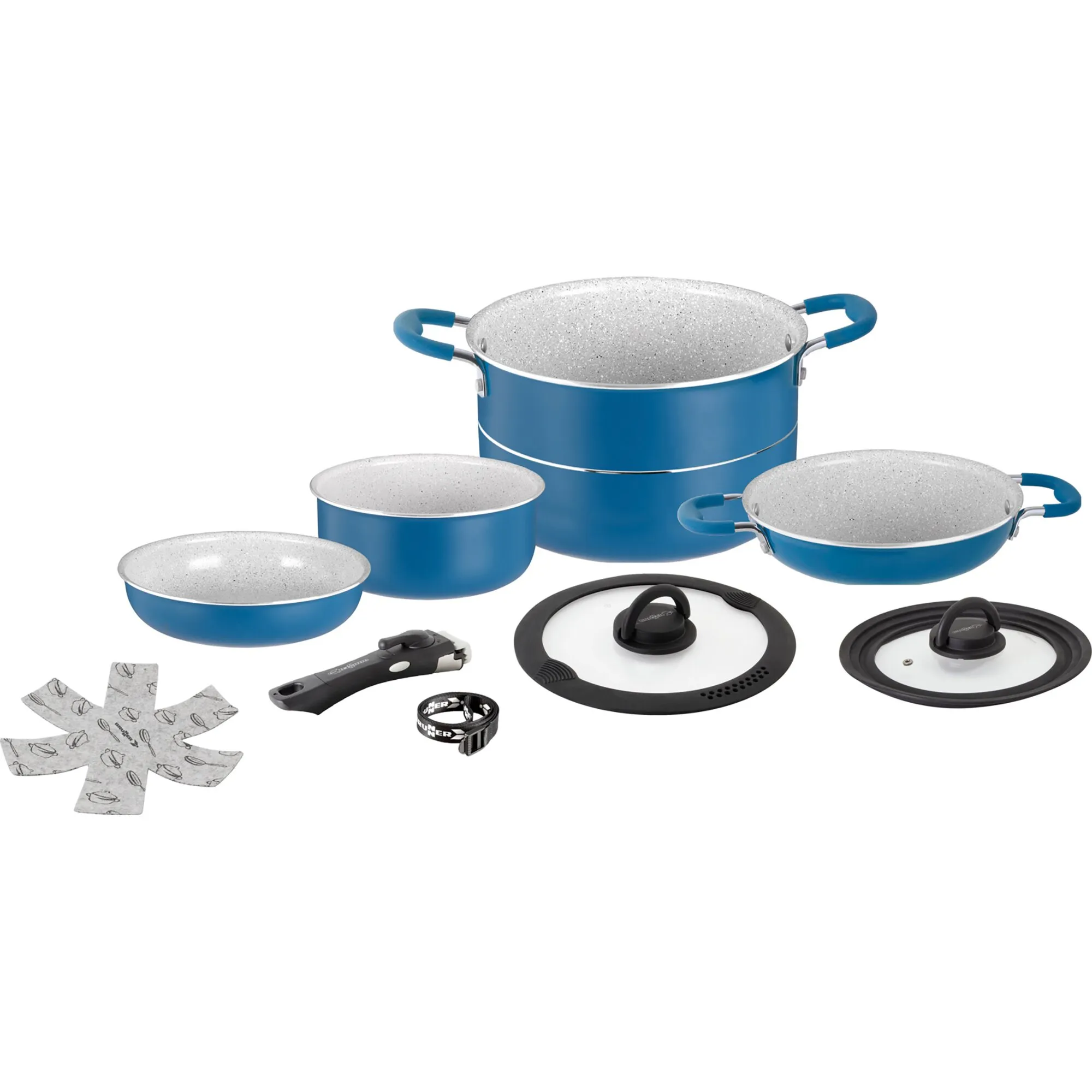 Blaues Kochtopf-Set Carezza 7 + 1 mit zwei Töpfen, zwei Pfannen, zwei Glasdeckeln, abnehmbarem Griff und Zubehör