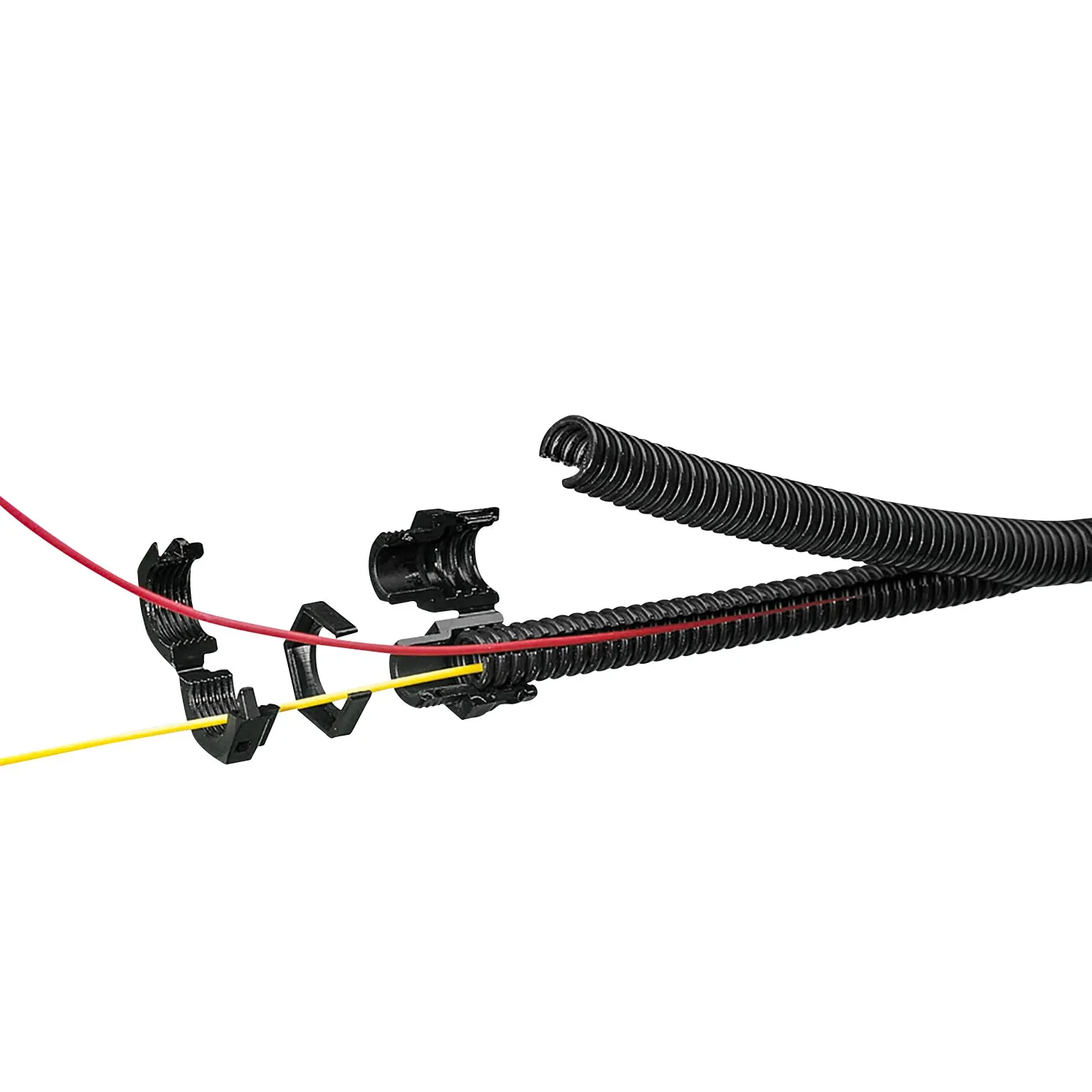 Schwarze Anschlussverschraubung NW 10 mm im 2er-Set an gerippten Wellrohren mit roten und gelben Leitungen