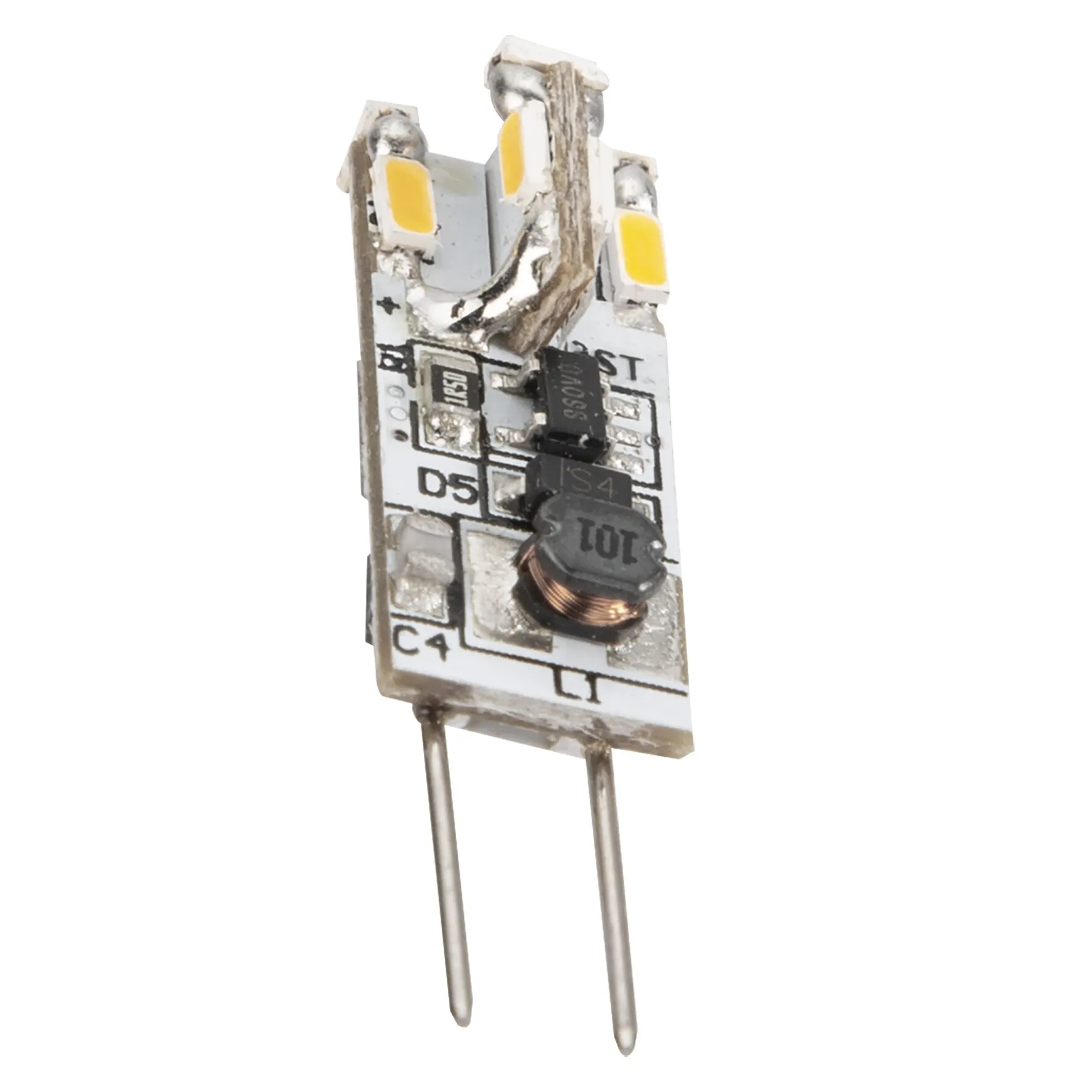 LED-Leuchtmittel G4 mit 0,60 W, zwei Metallstiften und sichtbarer Leiterplatte mit drei gelben LED-Chips