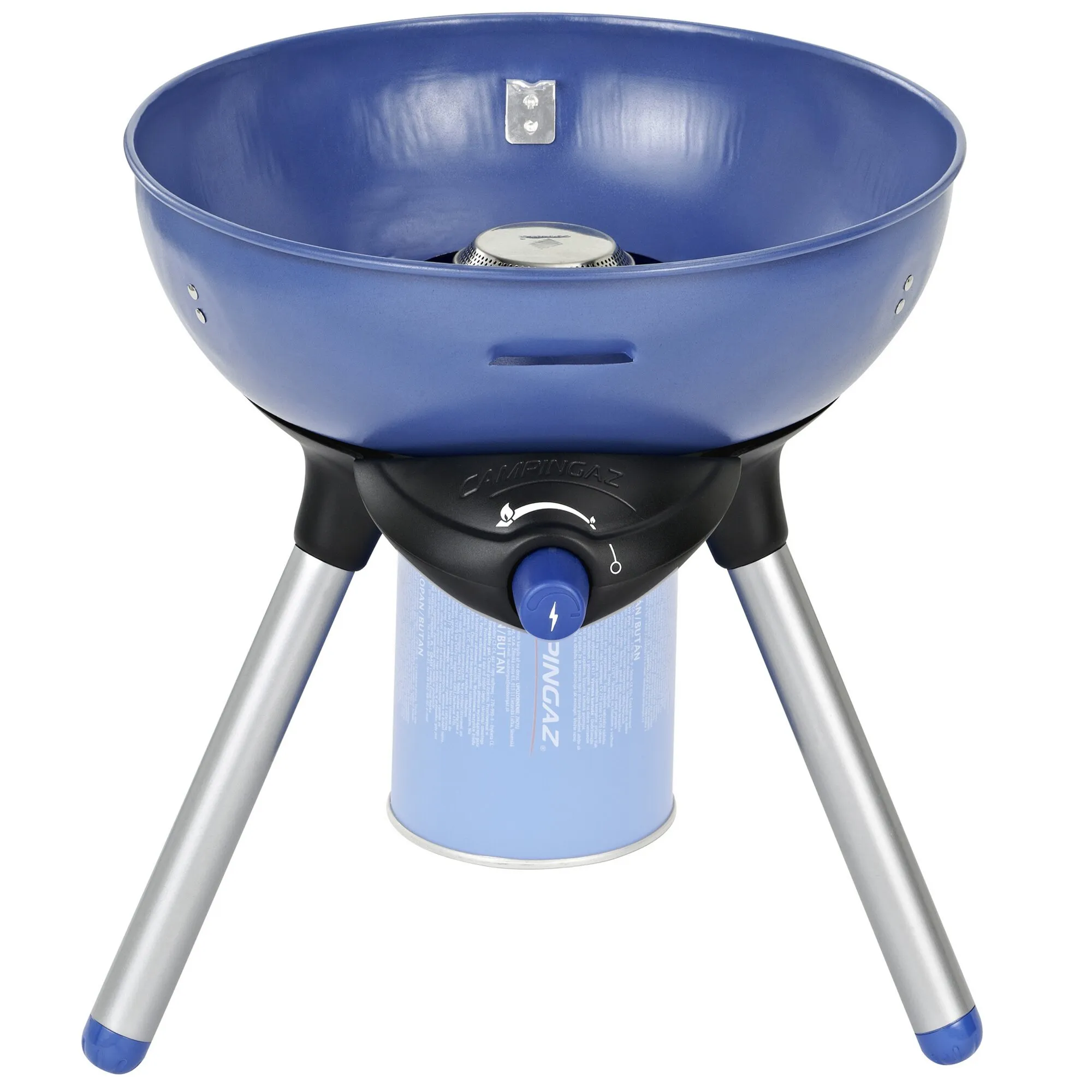 Blauer Campingaz Party Grill 200 CV mit runder Grillschale, zentralem Brenner, Gaskartusche und drei silbernen Standbeinen
