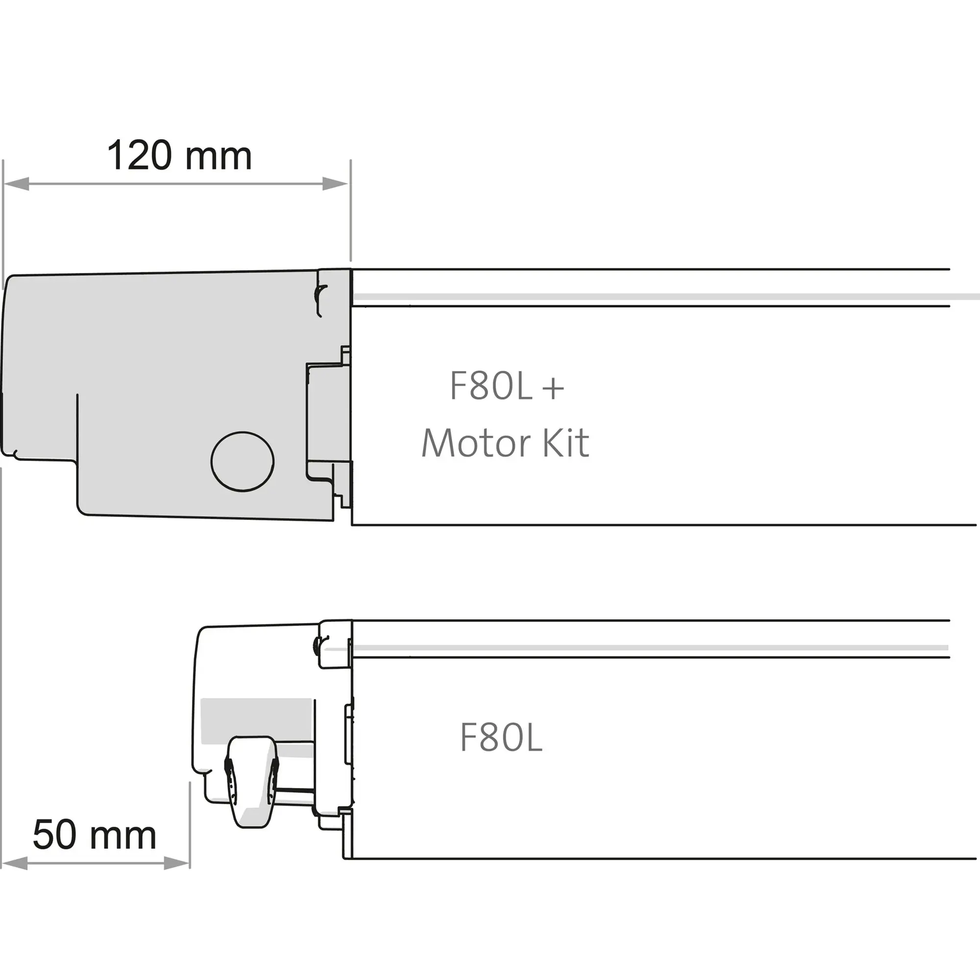 Technische Zeichnung eines F80L + Motor Kit, seitliche Ansicht eines grauen Gehäuses mit langem Stab nach rechts, Maßlinien 120 mm oben und 50 mm unten