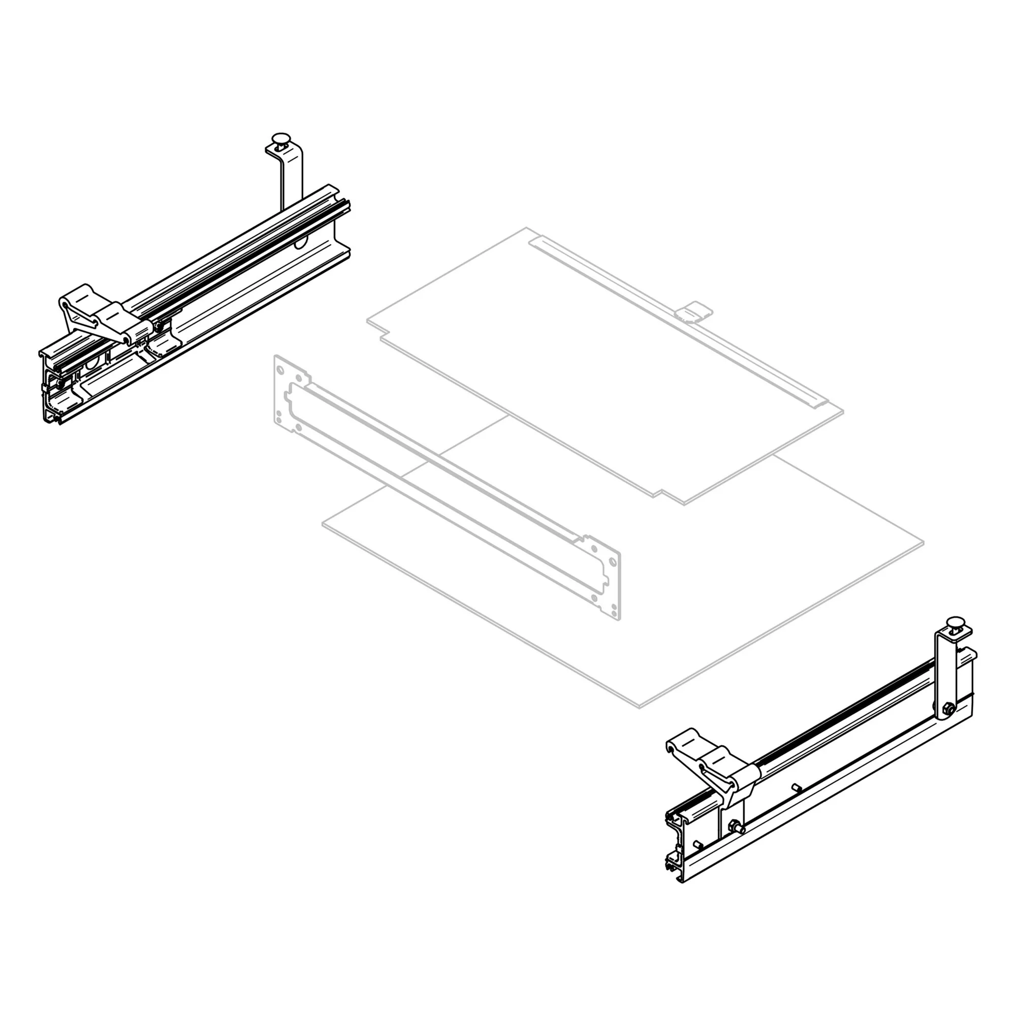 Explosionsdarstellung des Montagerahmens Thule Slide-Out V19 Ducato 700 mit zwei Führungsschienen und Montageplatten
