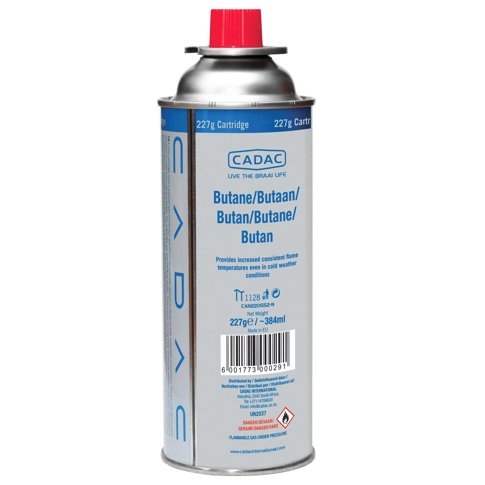 Silberne CADAC Gaskartusche mit rotem Ventildeckel, Butan- und Butangas, 227 g Füllmenge in zylindrischer Dose