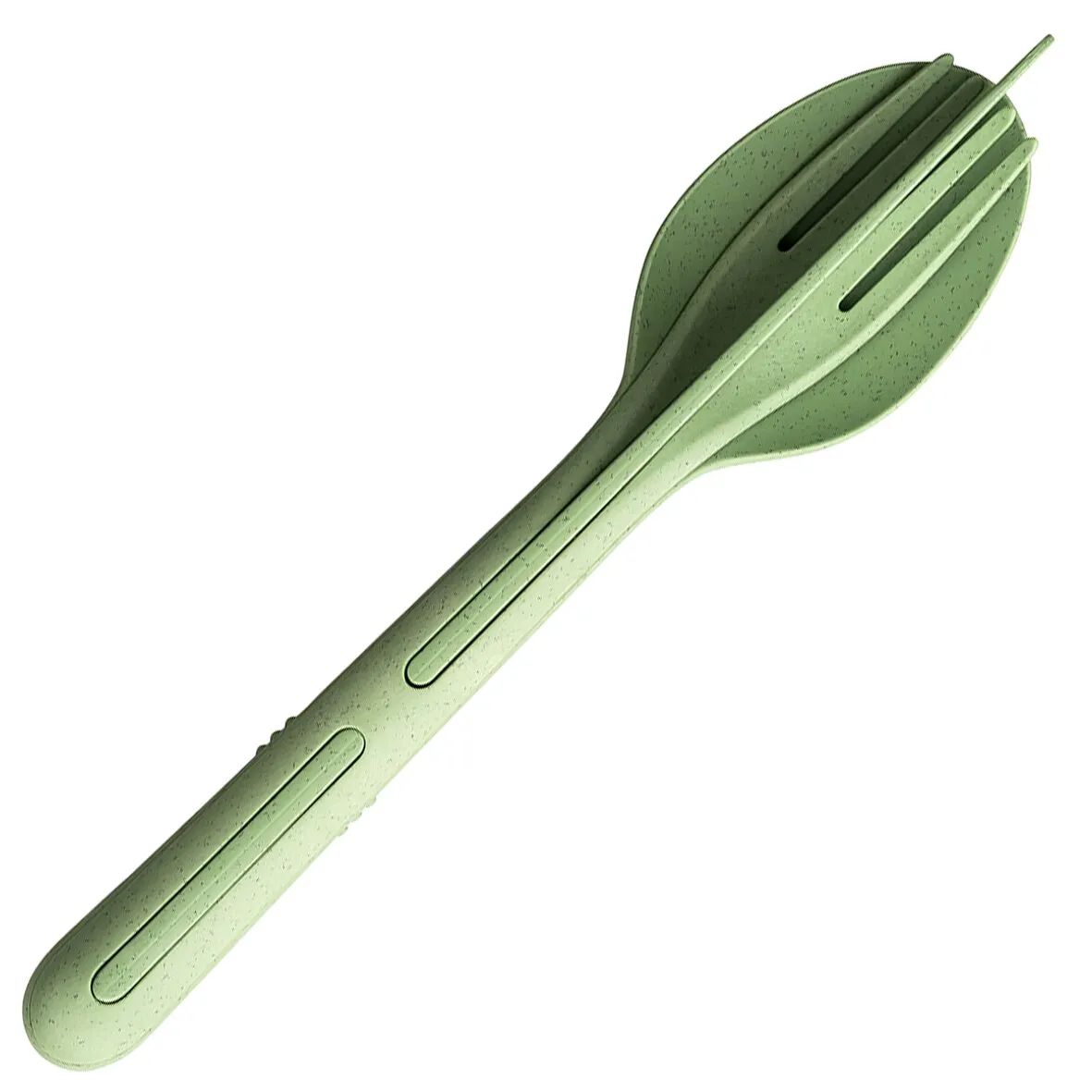 Grünes KLIKK-Besteckset mit Gabel, Löffel und Messer, ineinandergesteckt und diagonal auf weißem Hintergrund dargestellt