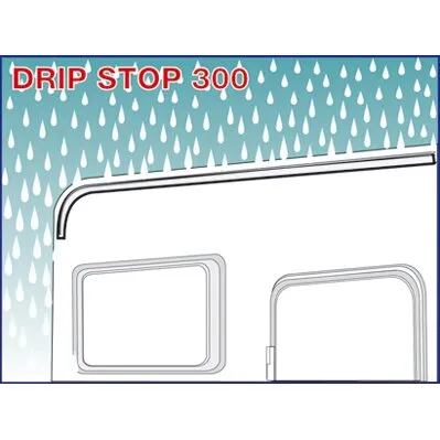 Weiße Regenrinne Drip Stop 300 cm als langes Profil über Fenster und Tür vor fallenden Regentropfen dargestellt
