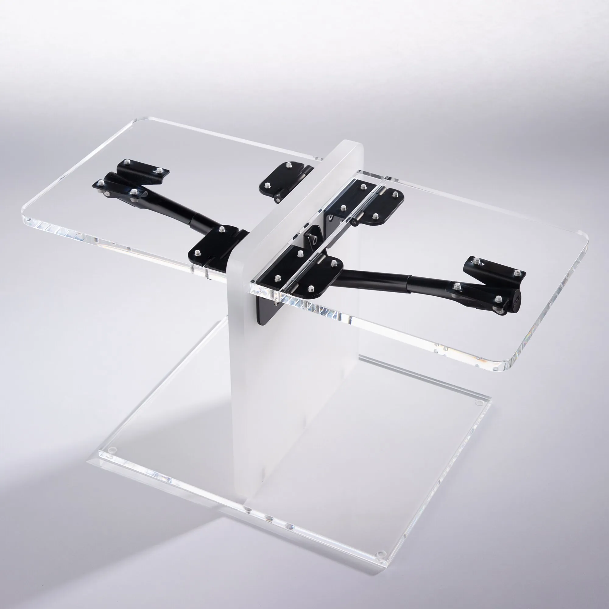Tischplattenhalter-Set mit transparenten Acrylplatten, weißer Mittelstütze und schwarzen, verschraubten Halterungen