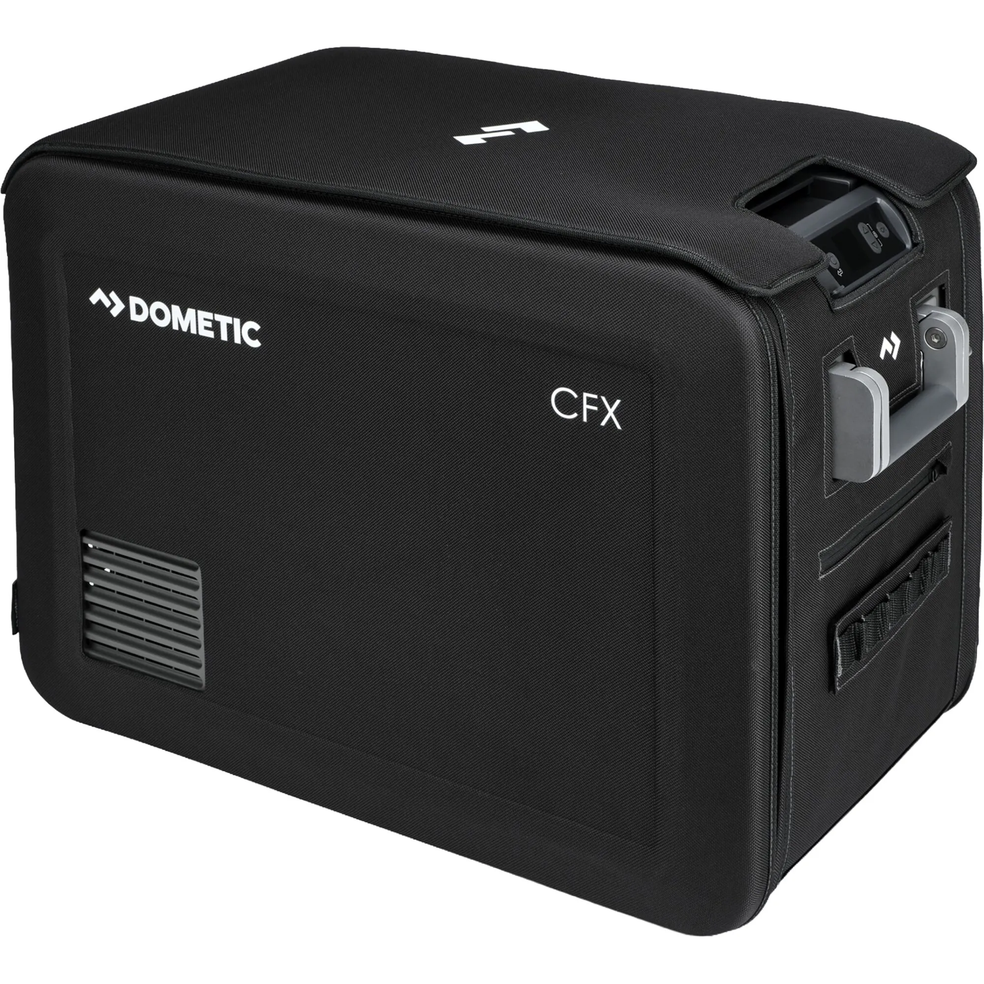 Schwarze Dometic CFX5 45 Schutzhülle mit weißem Logo, Belüftungsöffnung, Tragegriff und Aussparungen für Bedienfeld und Anschlüsse