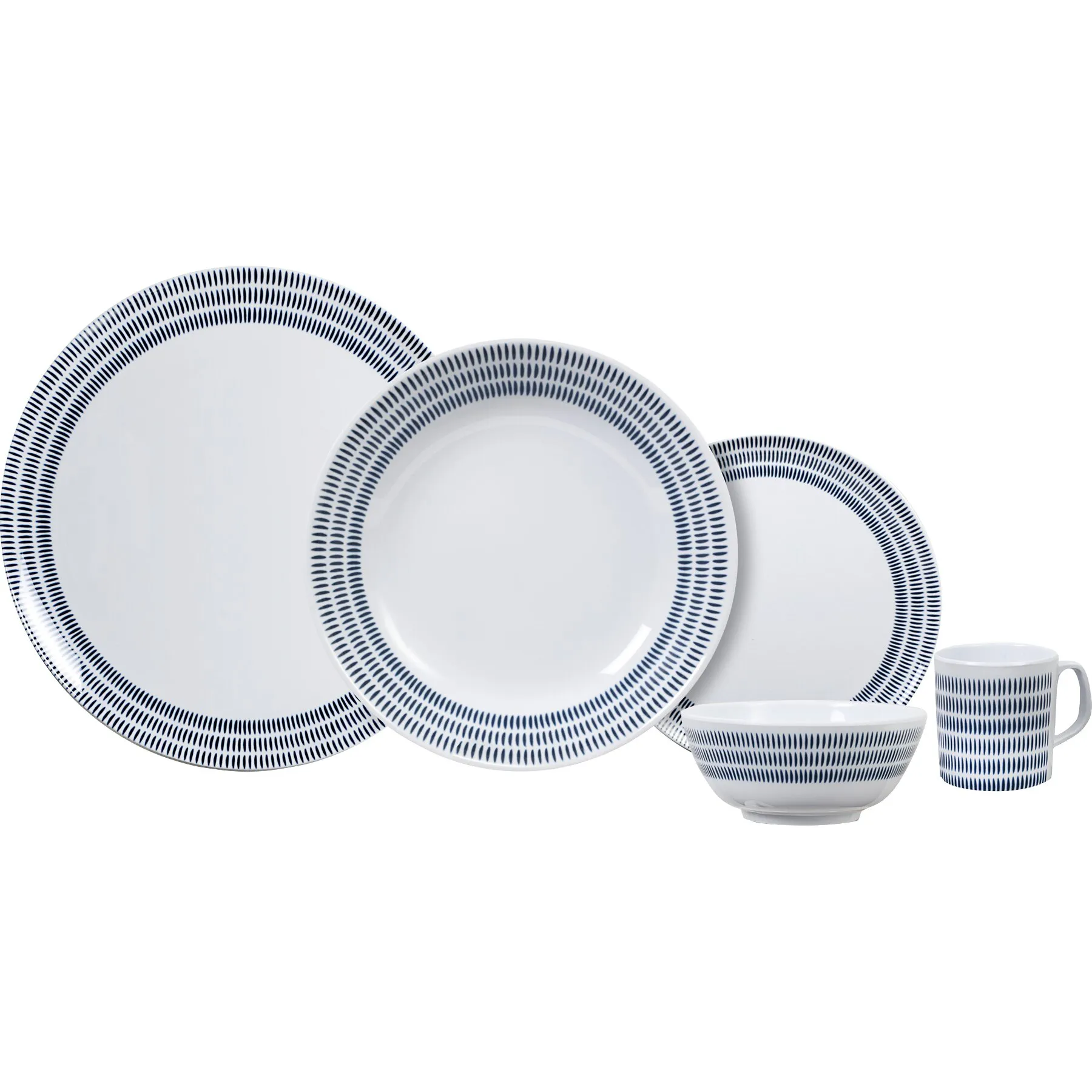 Geschirrset Bluebay aus weißem Porzellan mit dunkelblauem Streifenmuster, bestehend aus drei Tellern, Schale und Tasse
