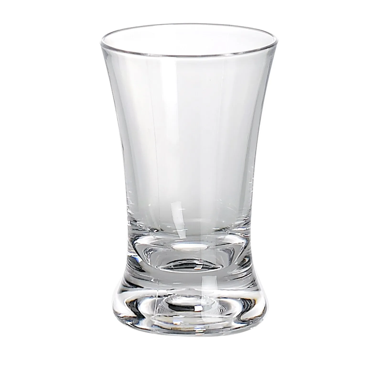 Klares, zylindrisches Schnapsglas aus Glas mit breitem, massivem Boden und leicht ausgestelltem Rand