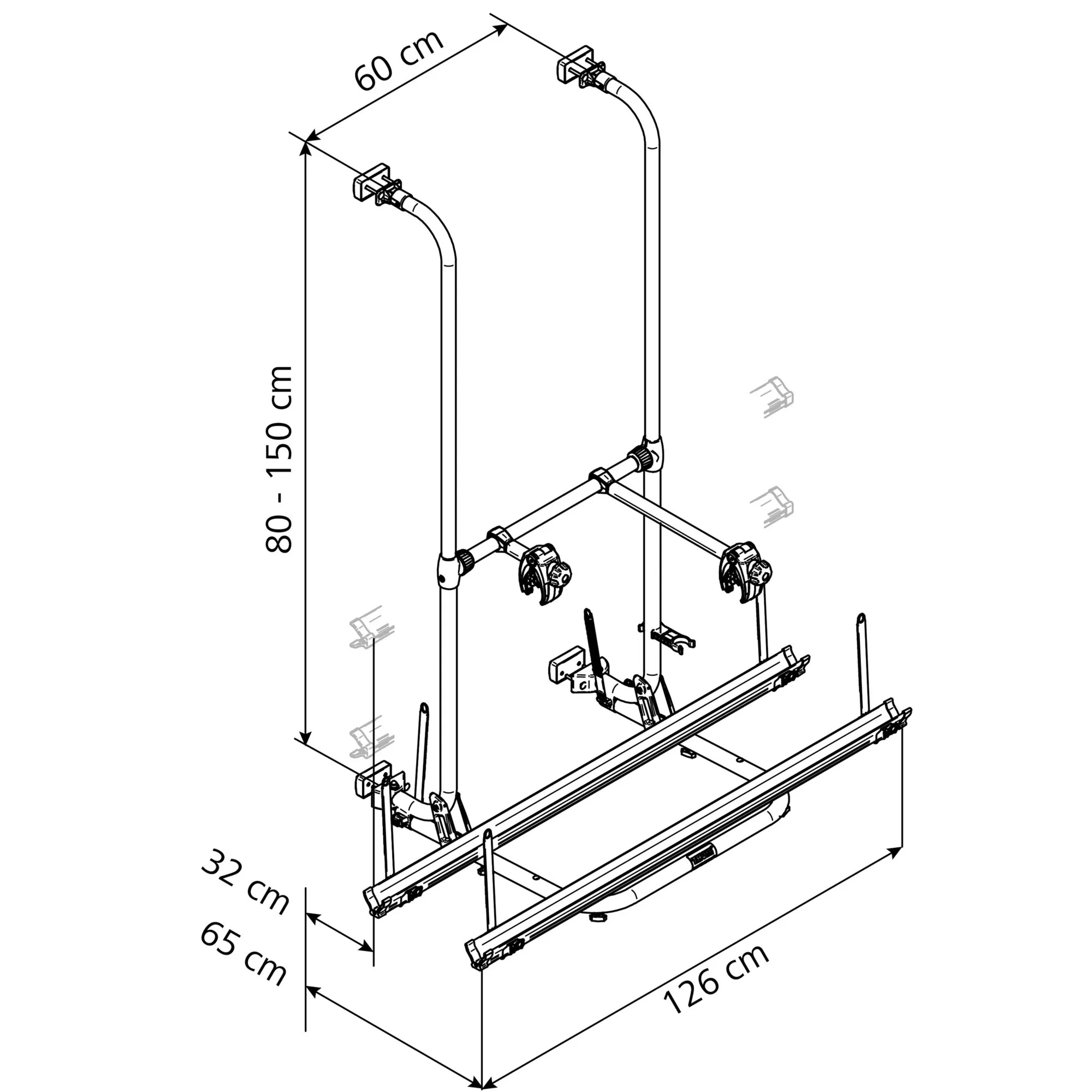 Technische Zeichnung des Fahrradträgers Thule Sport G2 Standard mit zwei Schienen und Maßangaben 126 × 65 × 80–150 cm