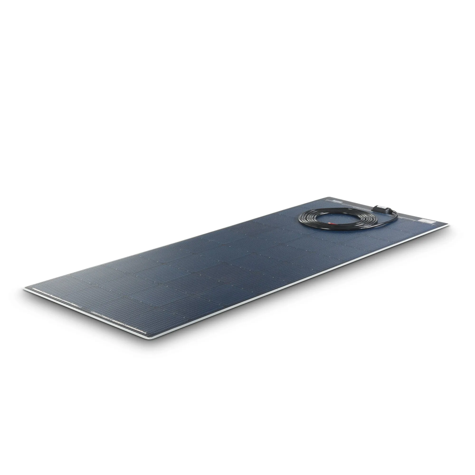 Flaches, dunkelblaues Solarmodul Flat Light mit 150 Wp, sichtbaren Solarzellen und aufgewickeltem Anschlusskabel