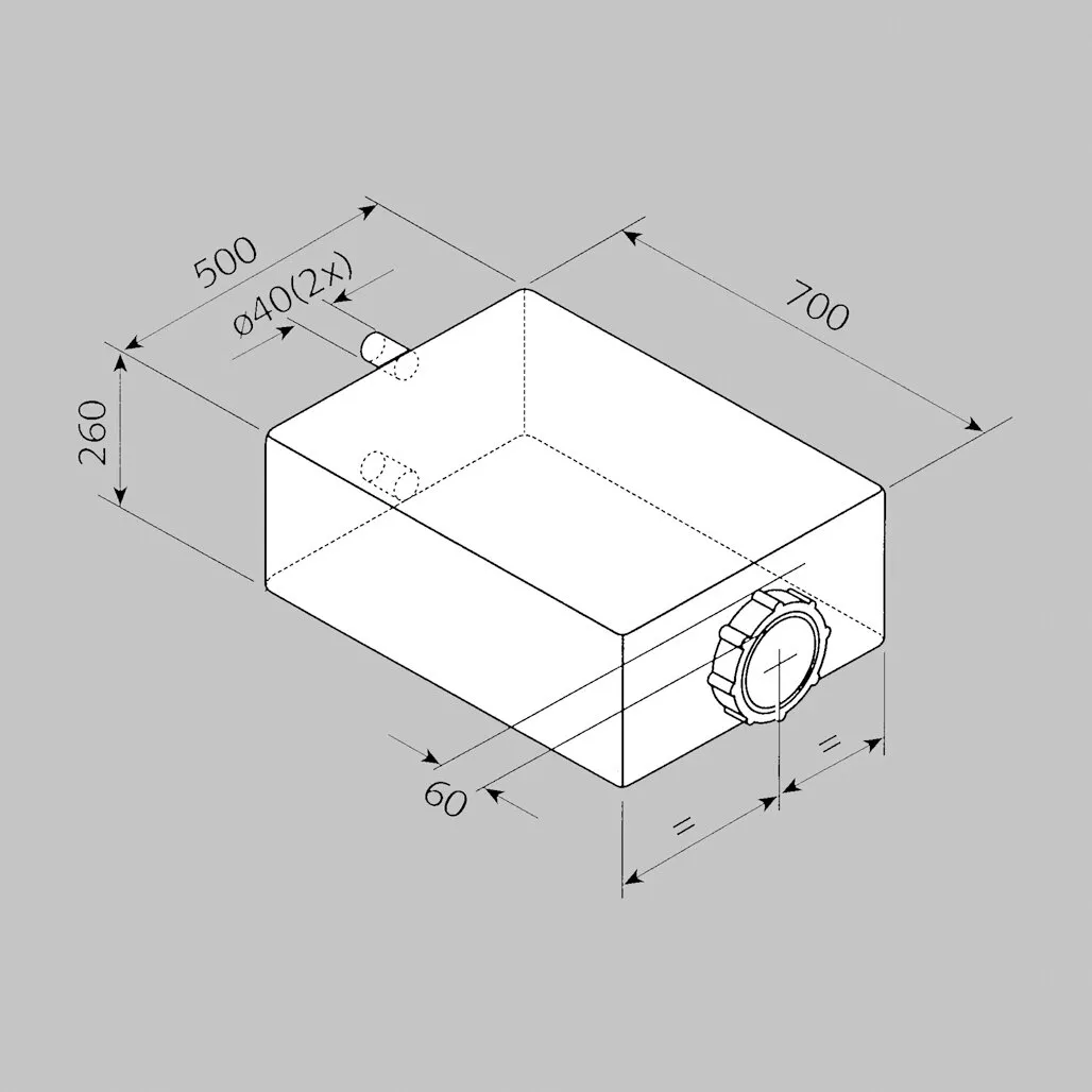 Technische Zeichnung des rechteckigen Abwassertanks 85 mit Schraubdeckel, zwei Anschlüssen und Maßangaben 700 × 500 × 260 Millimeter